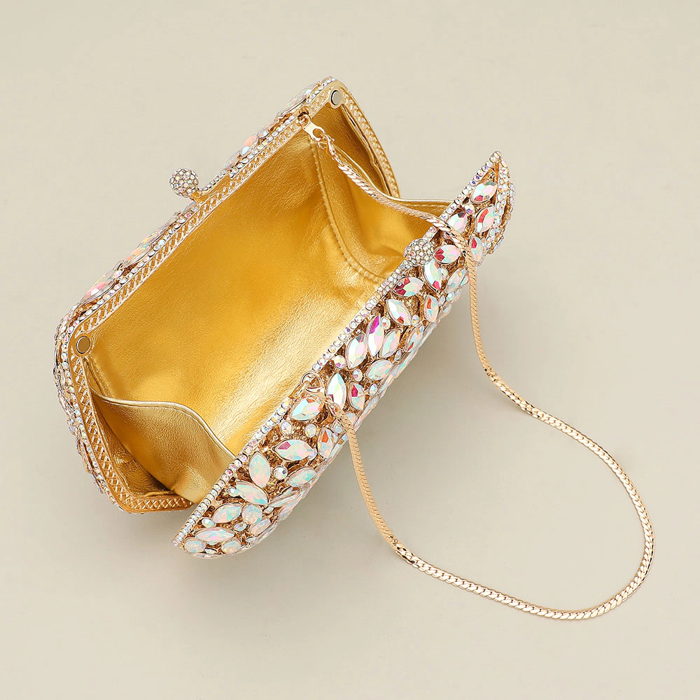 FASHNZFAB Floral Leaf Crystal Frame Evening Clutch Shoulder Bag