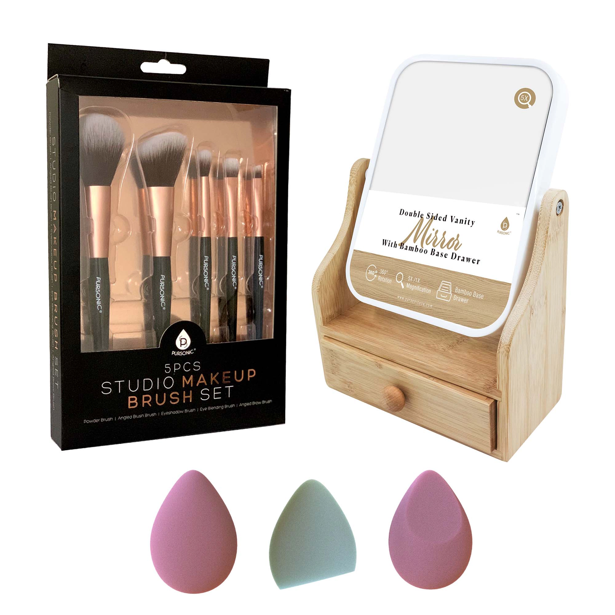 Pursonic Women's Beauty Makeup Bundle: Studio Brush Set, Multi-Shape Sponges & Bamboo Vanity Mirror