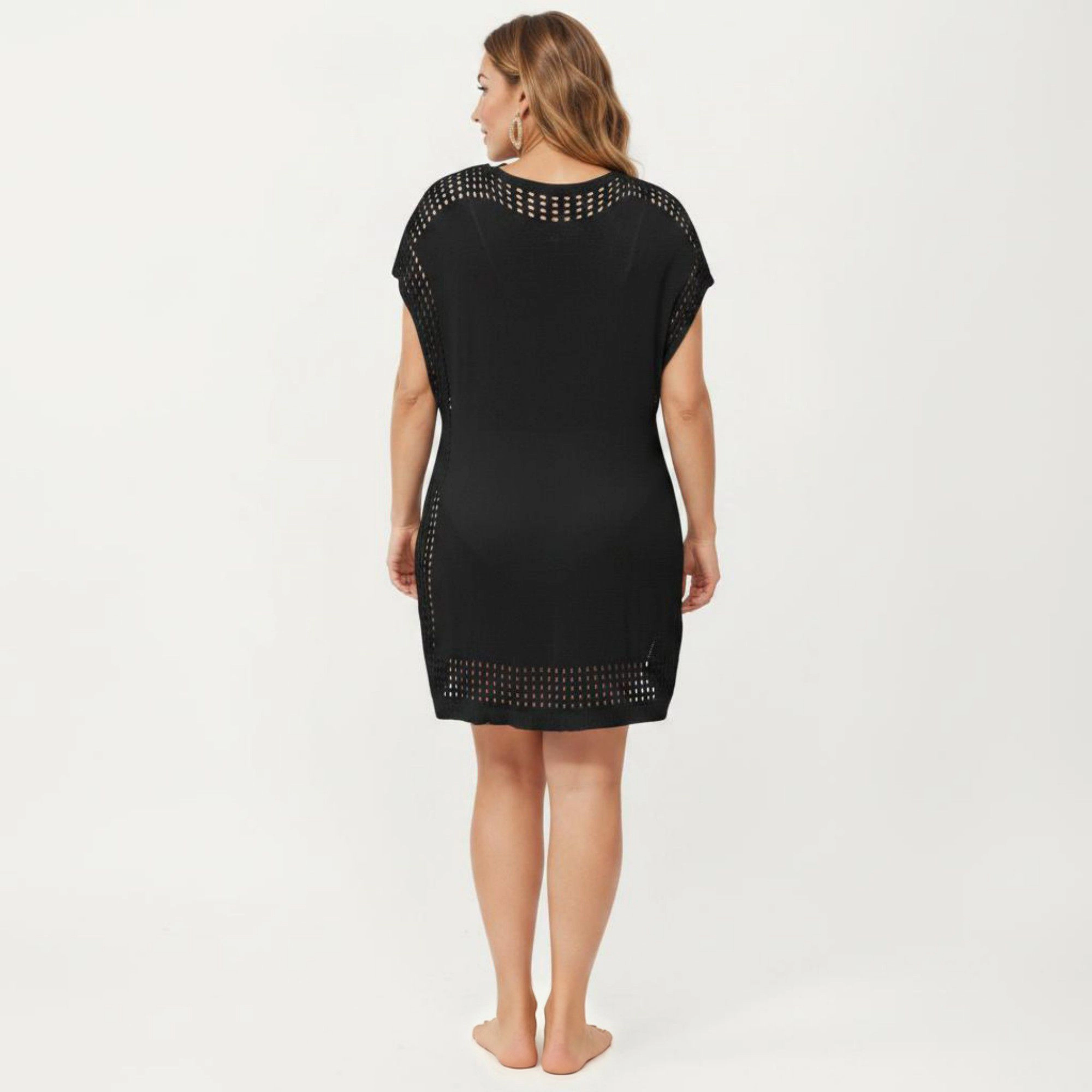 Anna-Kaci Women's Knit Tassel Tie Neck Open Trim Relaxed Short Sleeve Swim Cover Up Dress