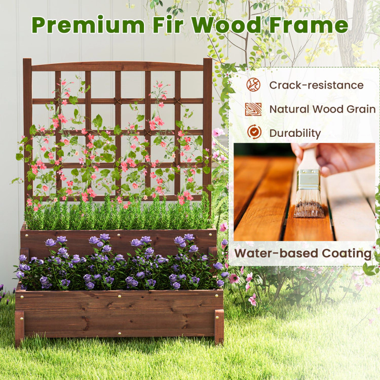 Hivvago Raised Garden Bed with Trellis 2-tier Wood Planter Box with Drainage Holes-Rustic Brown