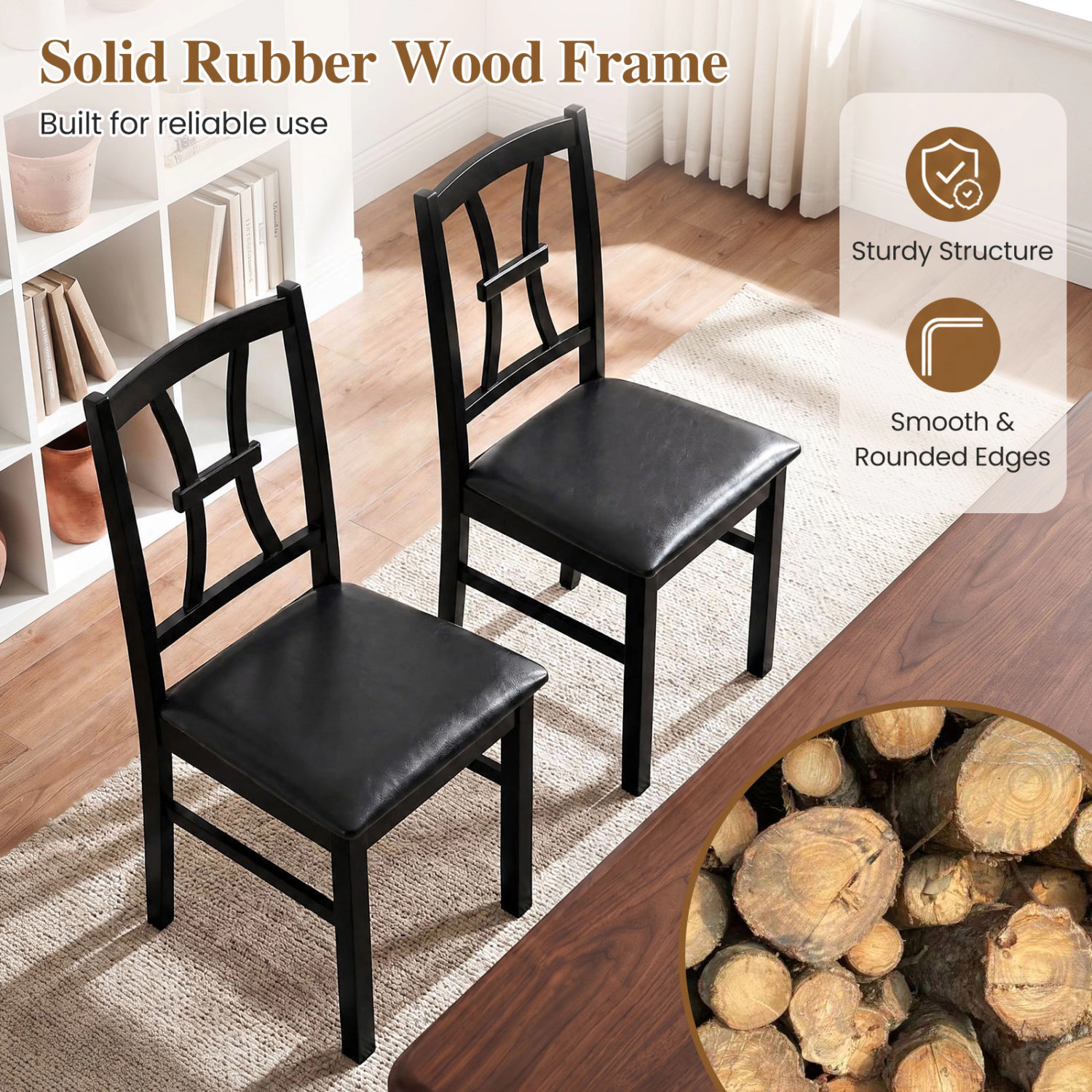 LJG Wooden Dining Chairs Set of 2 with Faux Leather Padded Seat for Kitchen