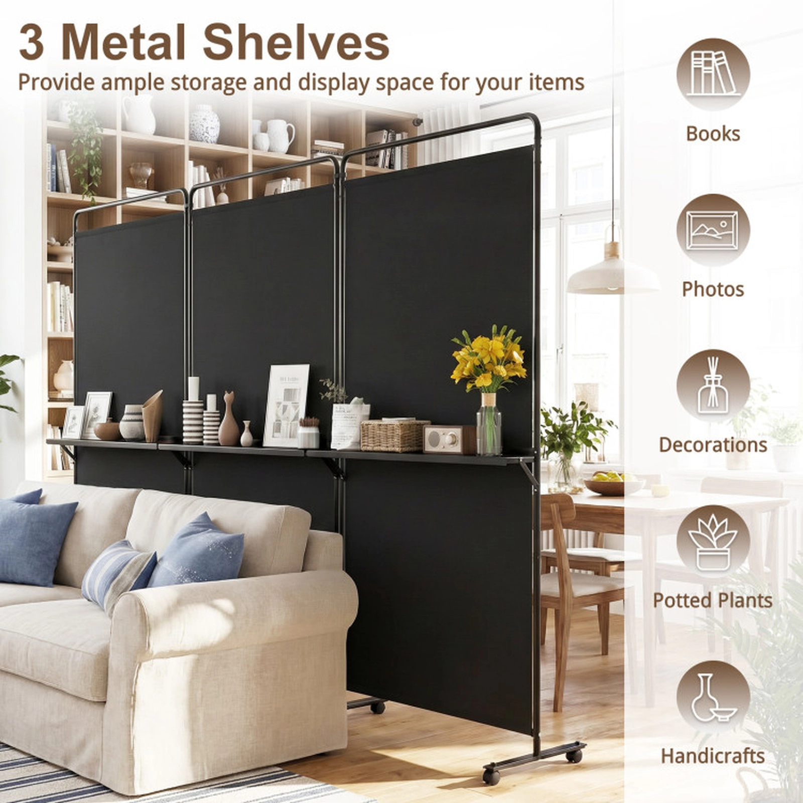 SUGIFT Black 3-Panel 74-in Tall Folding Room Divider with 3 Metal Shelves and 8 Lockable Universal Wheels