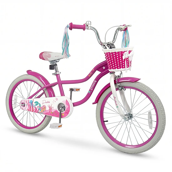 LJG Kids Bike Adjustable with Basket and Streamers Rose Red - Princess of the Sea Theme