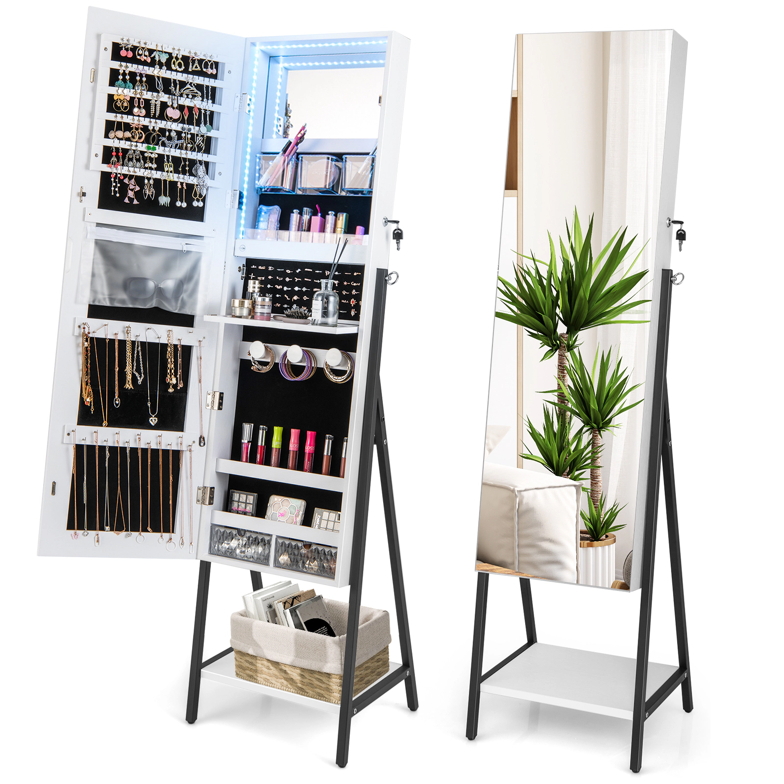SUGIFT White Freestanding Jewelry Armoire with 47-in Frameless Mirror and Bottom Shelf 16-in W 14.5-in D 62-in H