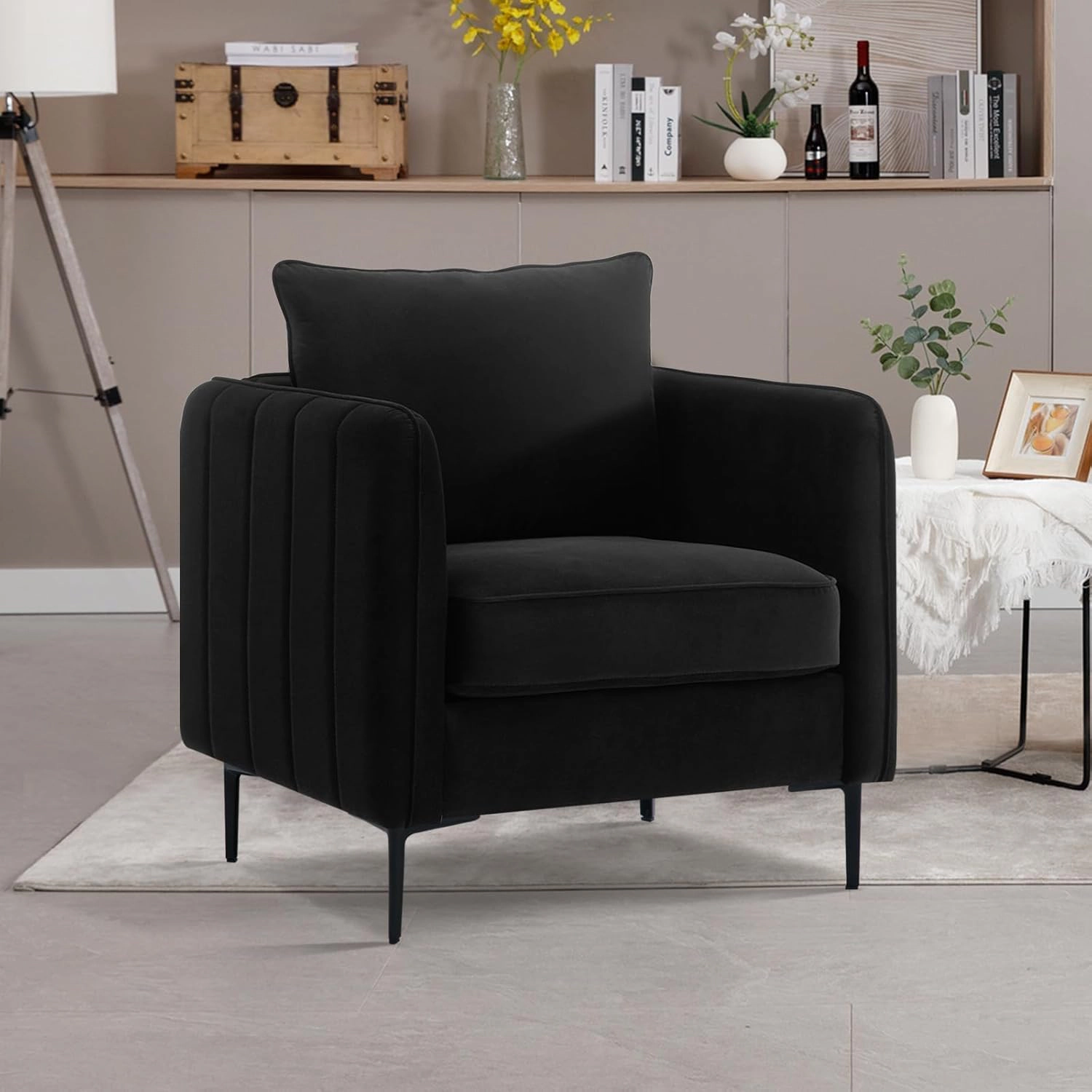 Envelor Mid-Century Modern Velvet Accent Armchair with Lumbar Pillow