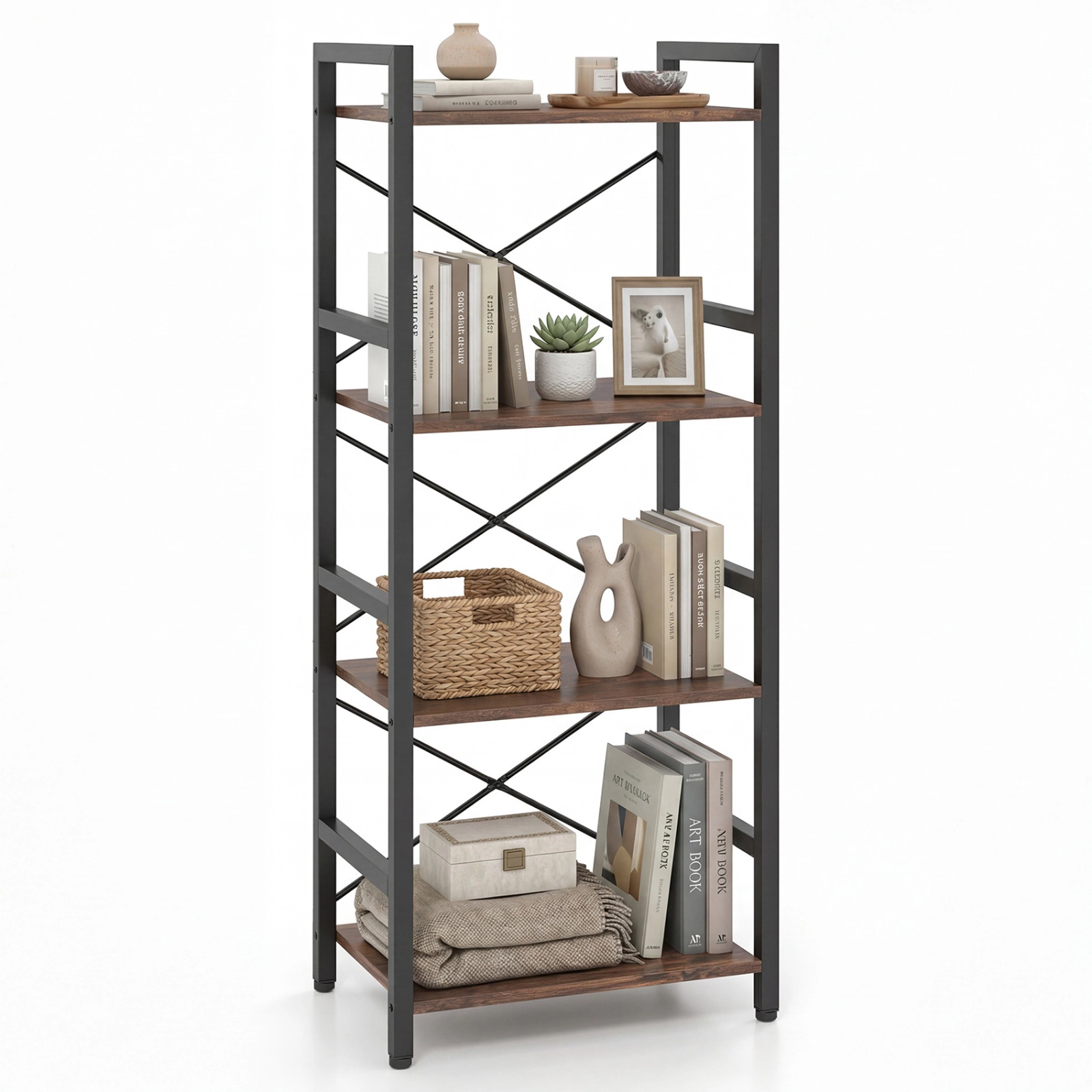 SUGIFT Rustic Brown 4-Tier Narrow Bookshelf 40 in with X-Braced Metal Frame