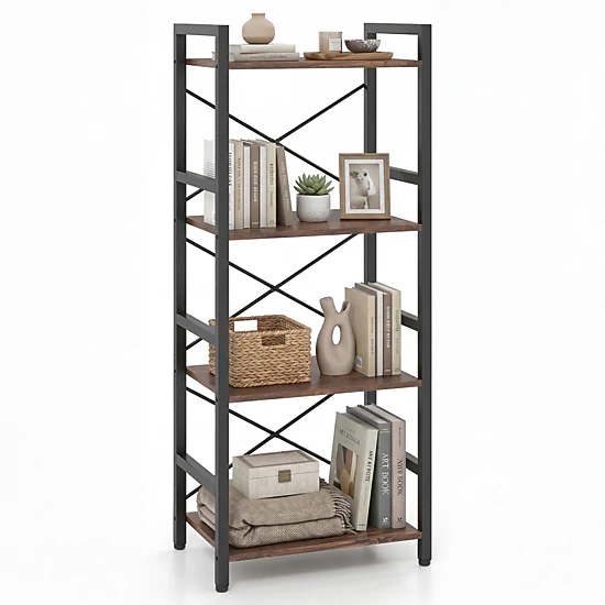 SUGIFT Rustic Brown 4-Tier Narrow Bookshelf 40 in with X-Braced Metal Frame