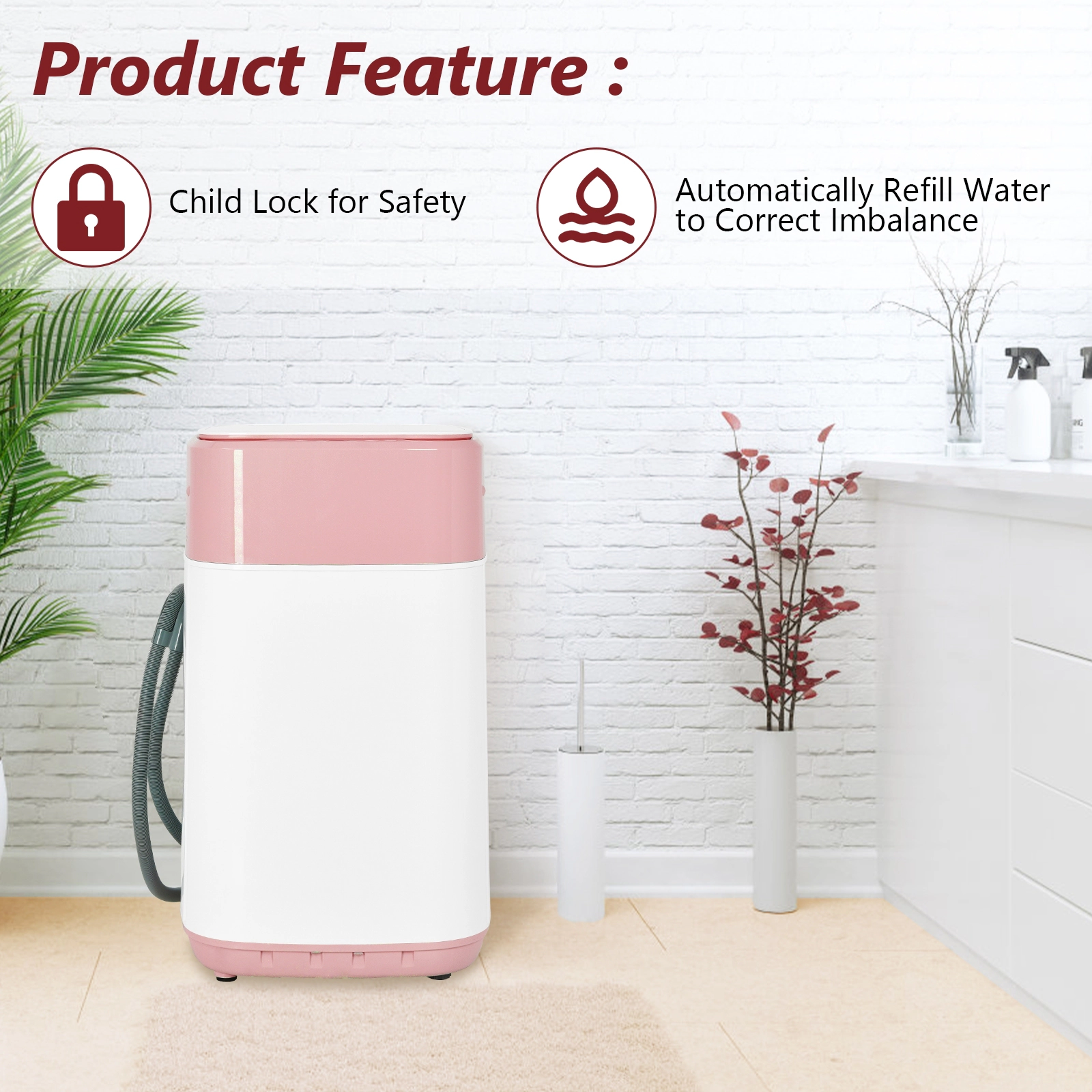 SUGIFT 8-lb Portable Fully Automatic Washing Machine with Drain Pump 1.0 cu.ft Tub 800RPM Compact 19.5-in Wide Pink