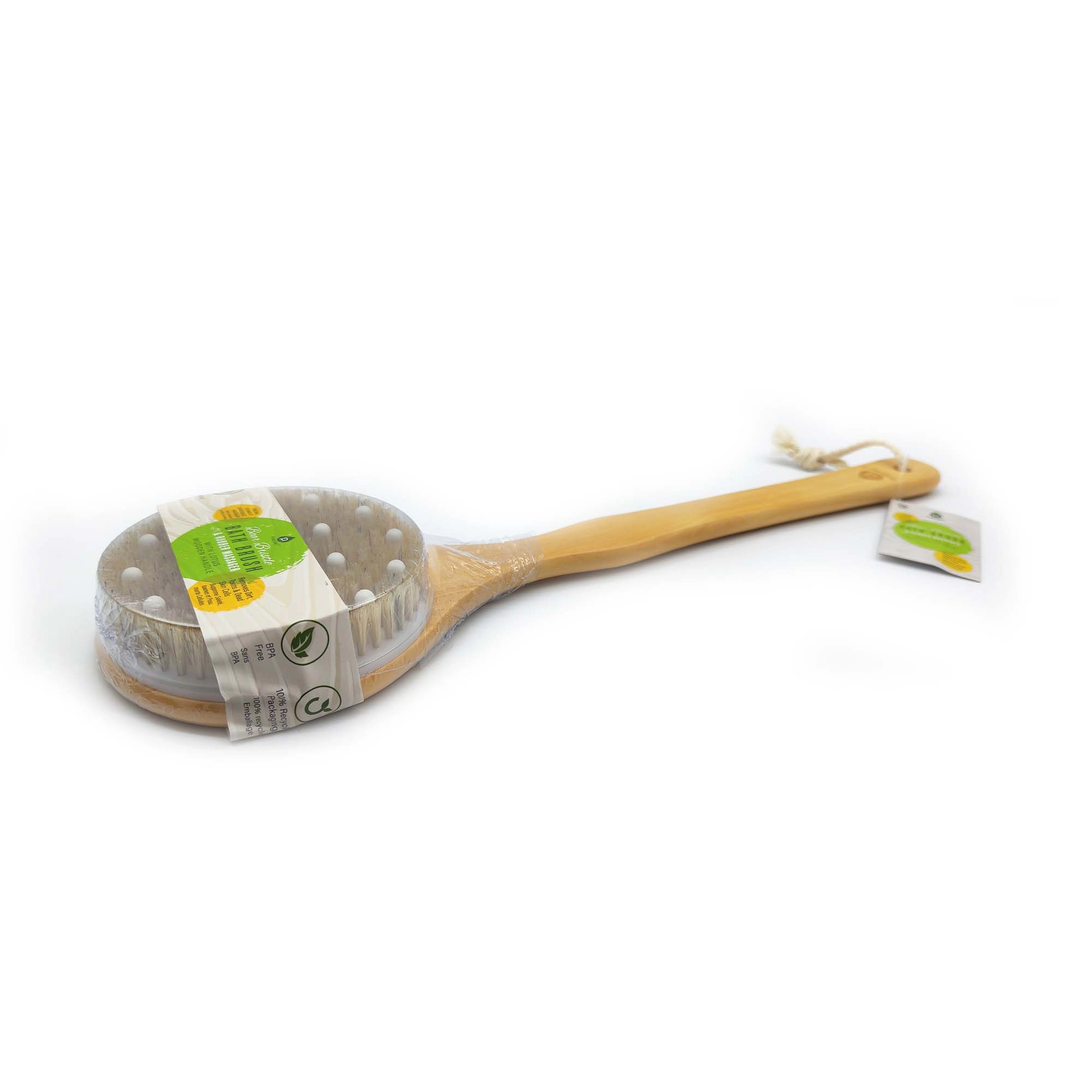 Pursonic Unisex Natural Wood Body Massage Brush with Boar Bristle & Rubber Massager Lotus Wooden Handle