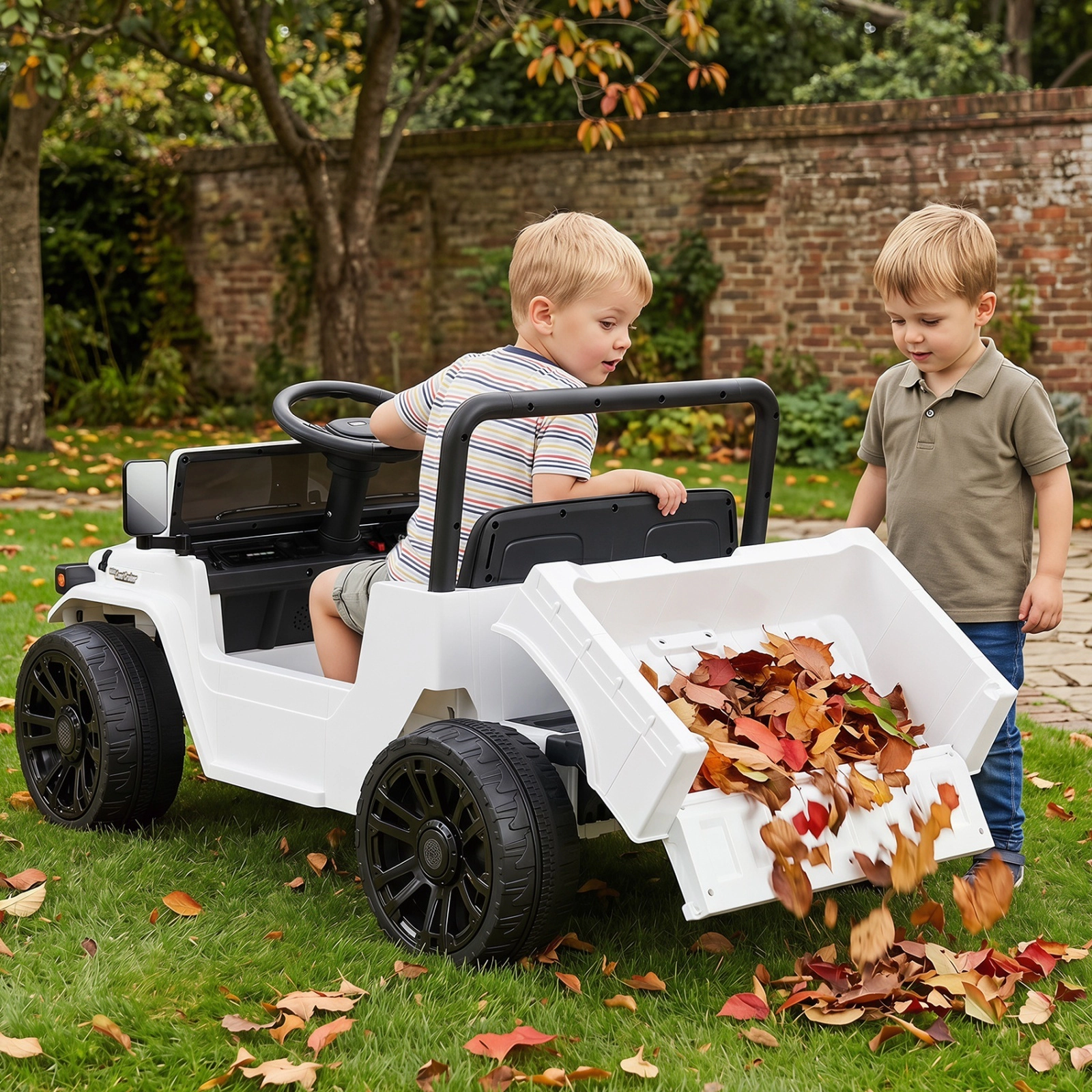 12V Kids Ride On Truck Electric Dump Bed Parent Remote 2-Speed Battery Powered Electric Car LED Lights Ages 3-6 White