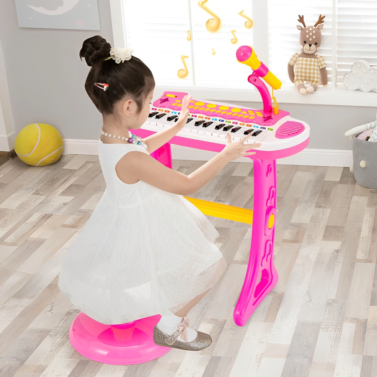 SUGIFT Kids 31-Key Piano Keyboard Toy Adjustable Microphone Stool 22 Demo Songs 8 Tones 18 x 9 x 18-in Ages 3+ Pink