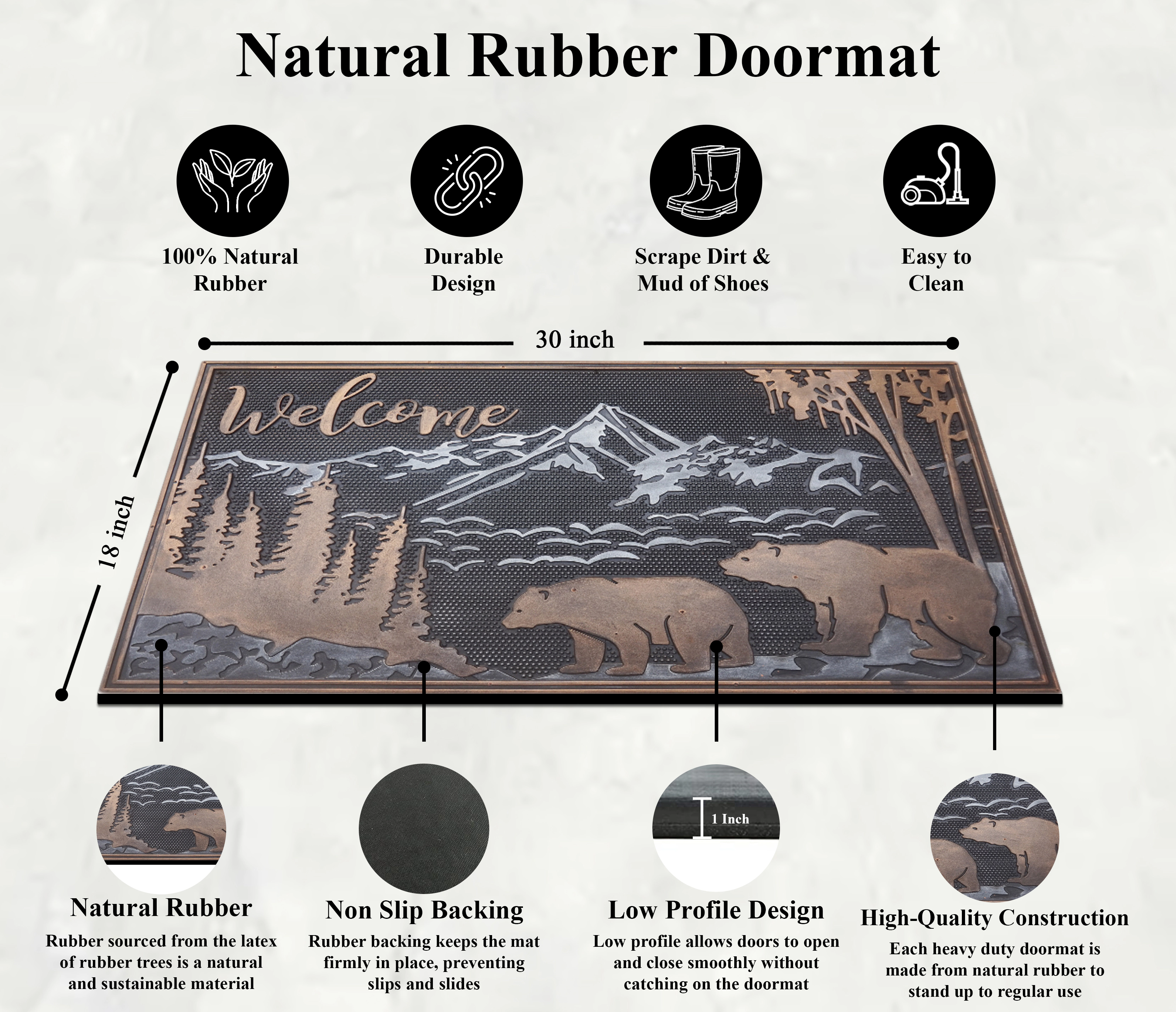 A1 Home Collections Forest Bear Bronze Rubber Welcome Doormat Non-Slip Indoor Outdoor Entry Mat 18 x 30 In