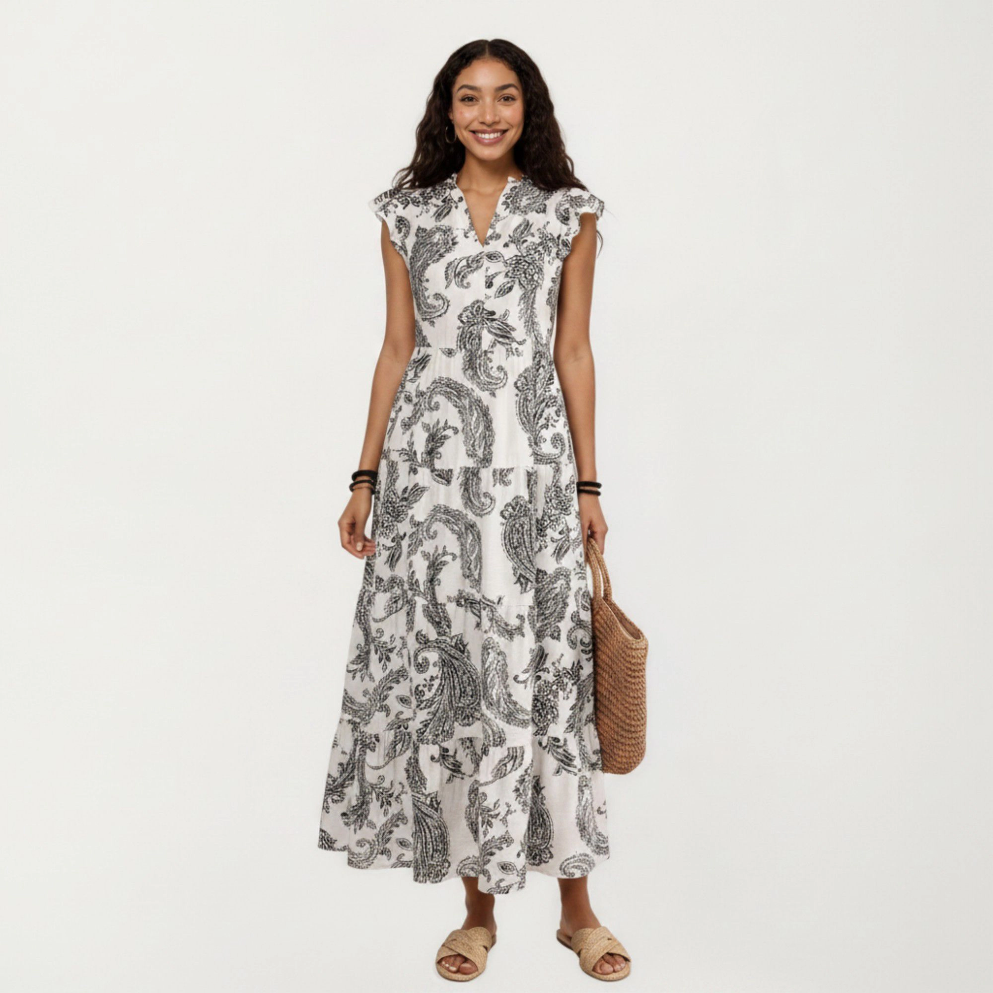 Anna-Kaci Women's Paisley Print Flutter Sleeve Tiered Maxi Dress