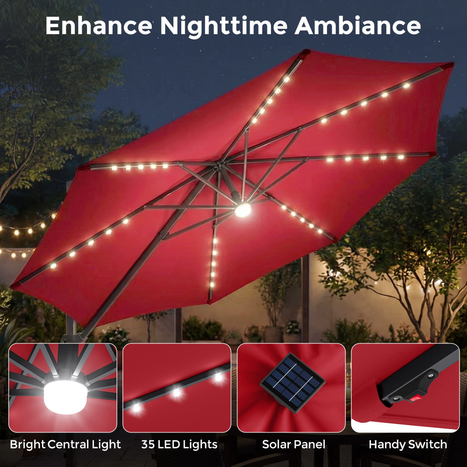 SUGIFT 10-ft Cantilever Patio Umbrella with 35 Solar LED Lights & 220-lb Fillable Base Tan/Beige/Navy/Gray/Wine + Black