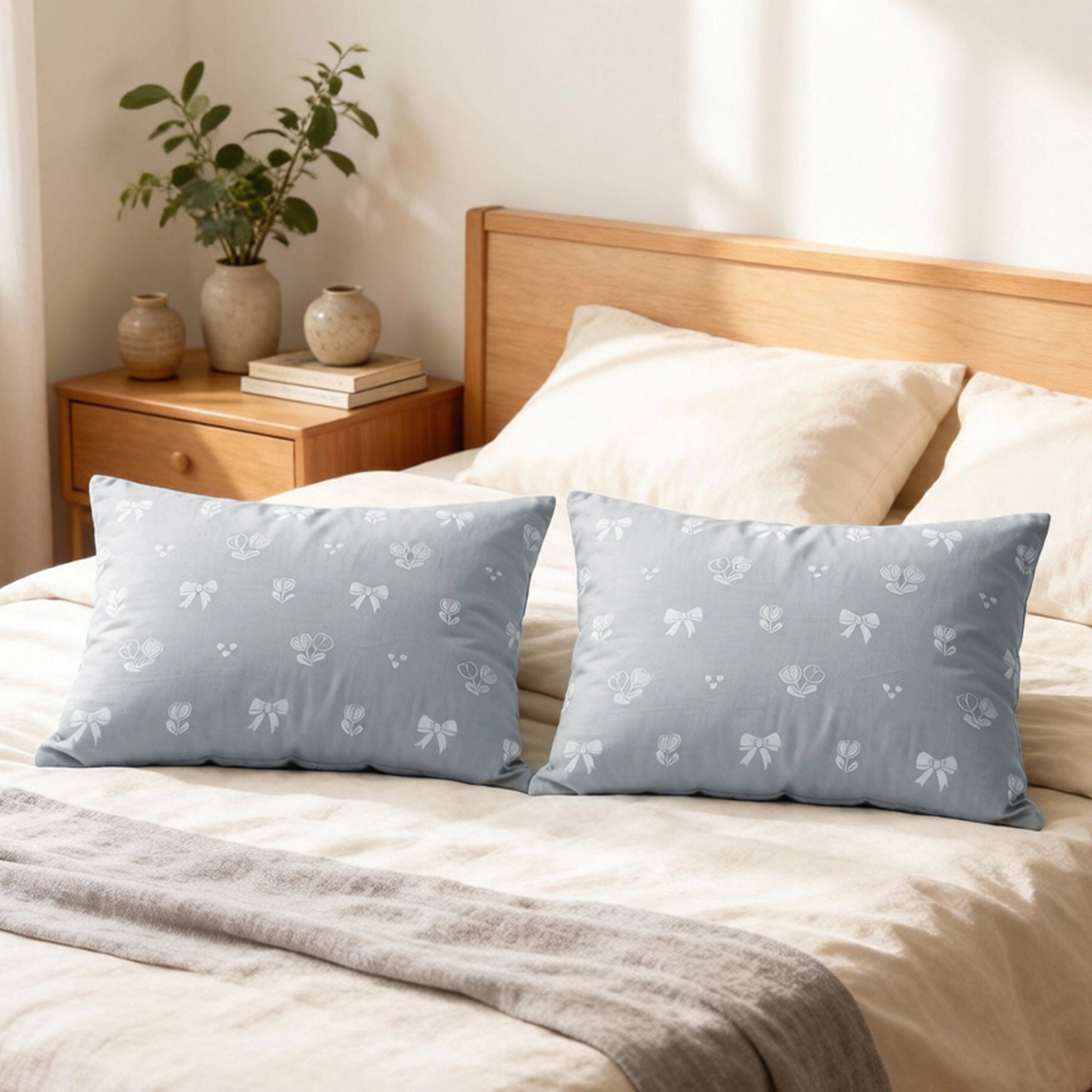 Alilang Unisex 2-Piece Cotton Pillowcases with Bow and Tulip Print for Bedroom, Soft and Cozy Bedding Set 20x26in