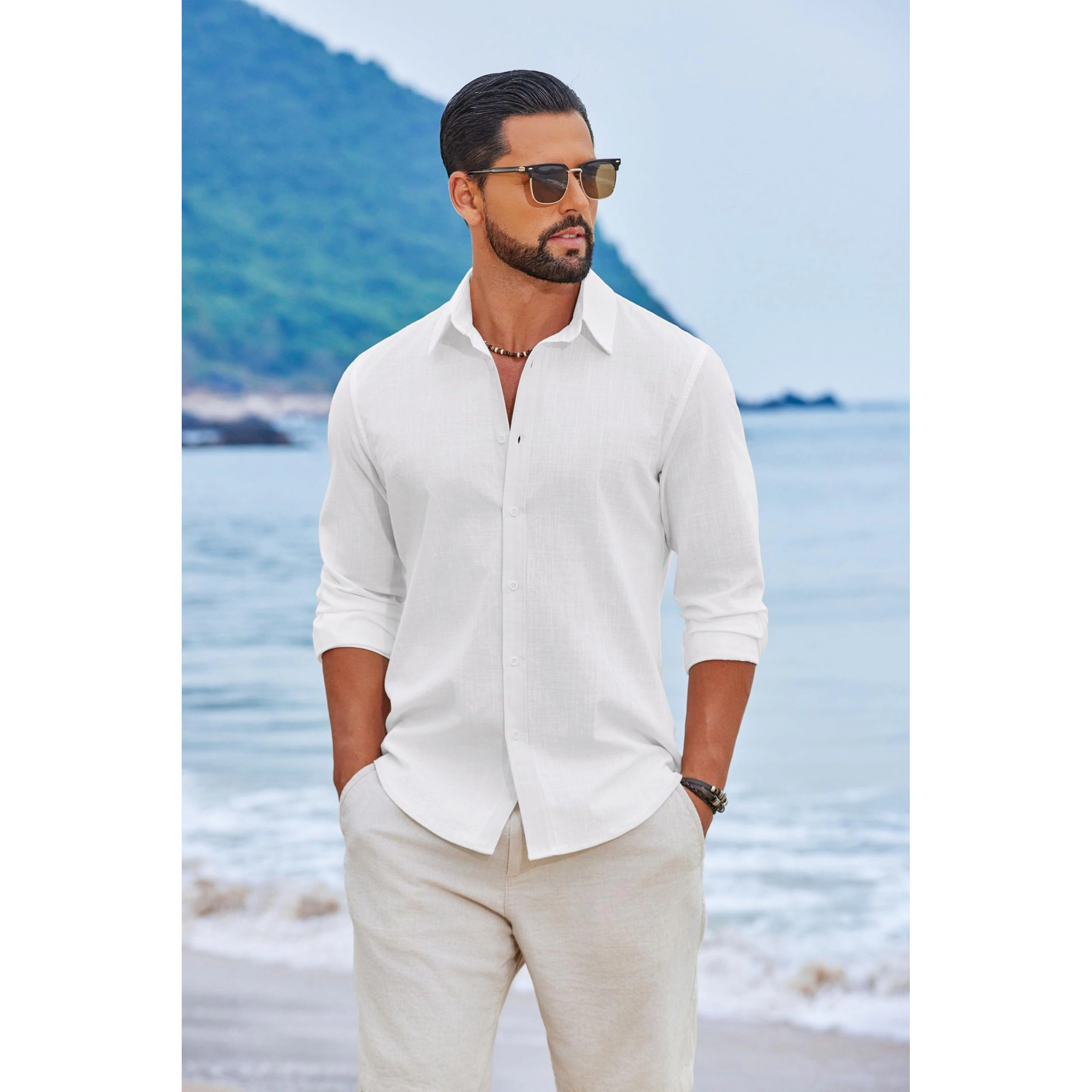 COOFANDY Men's Regular Fit 3/4 Sleeve Collar Neck Button Front Shirt