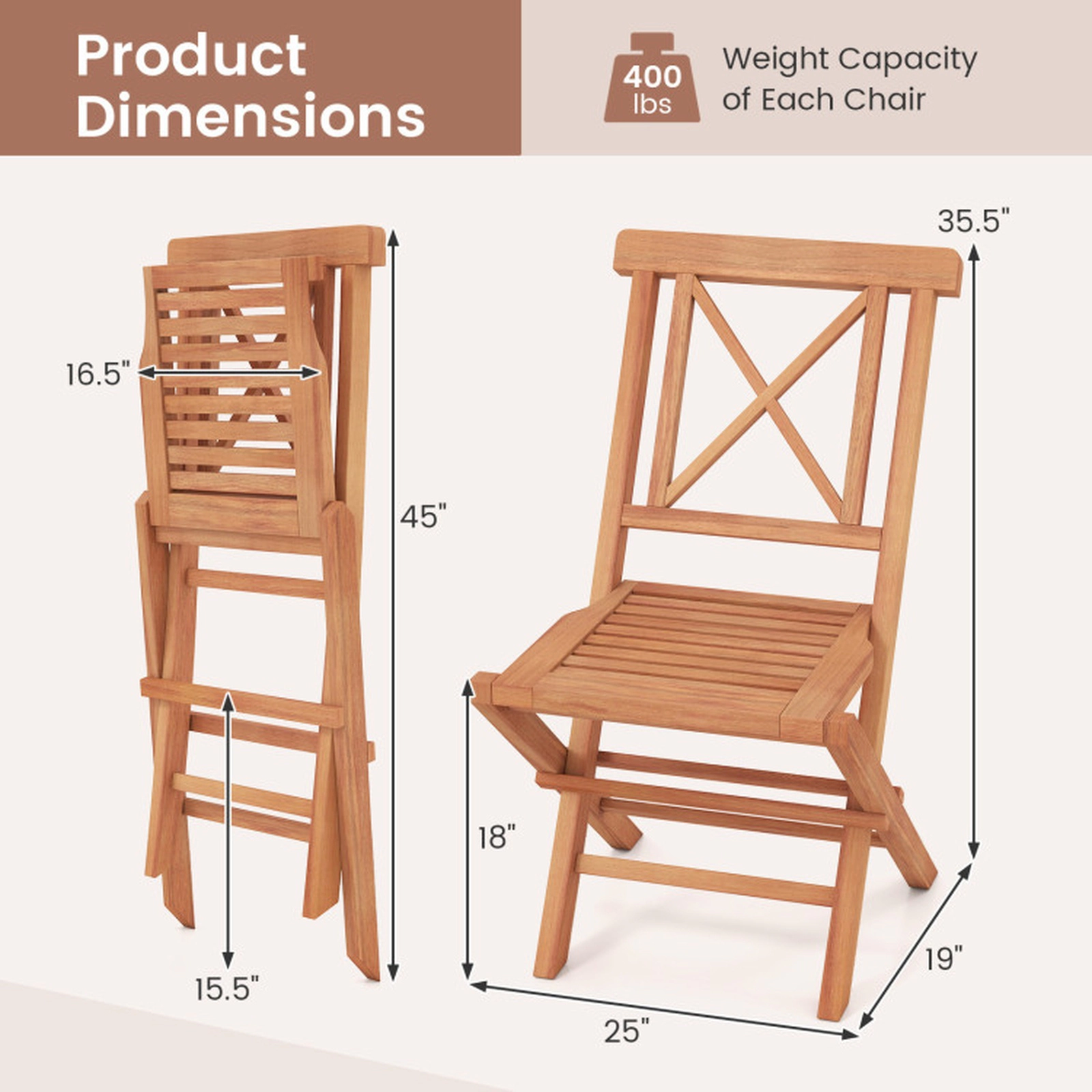 SUGIFT Set of 2 Natural Teak Wood Folding Patio Dining Chairs, 400-lb Capacity