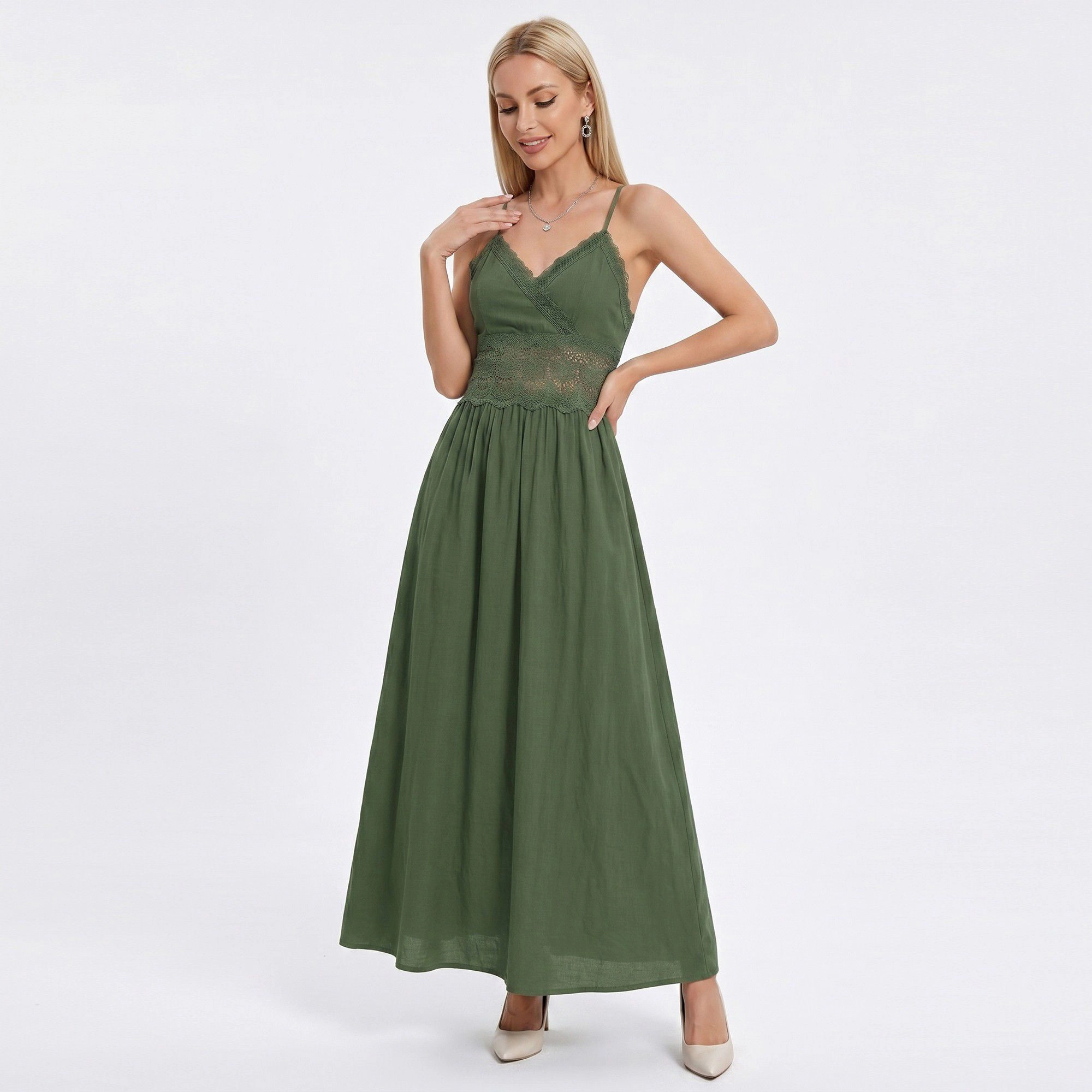 Anna-Kaci Women's Lace Waist Spaghetti Straps Surplice V-Neck Bodice Maxi Dress