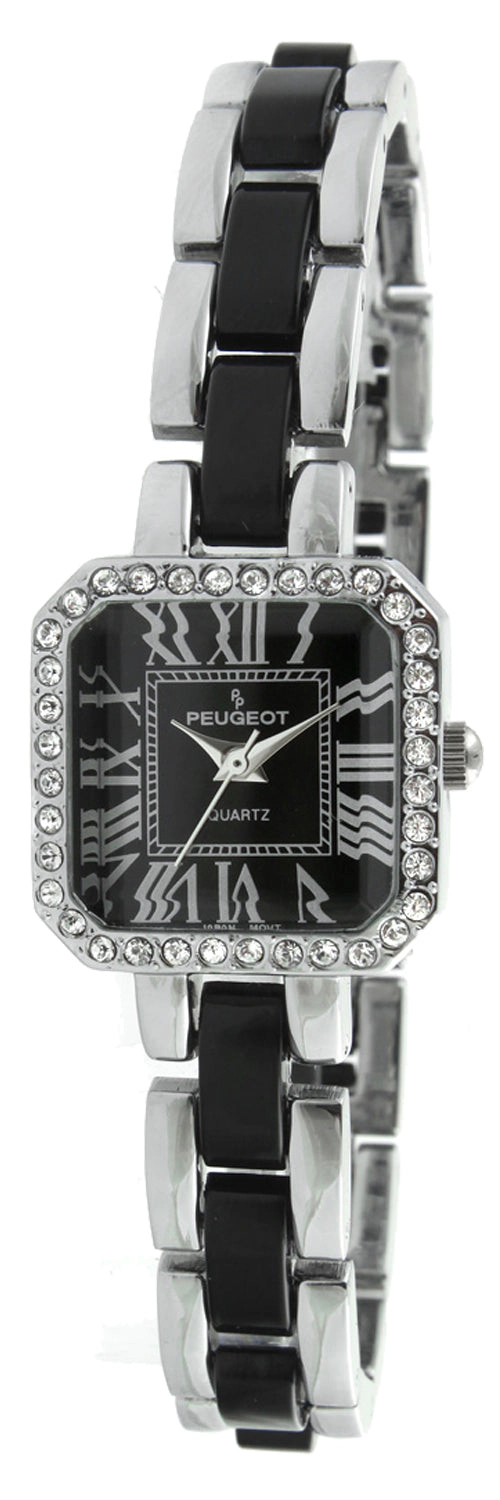 Peugeot Womens Crystal Accented Square Silver-Tone Acrylic Link Watch