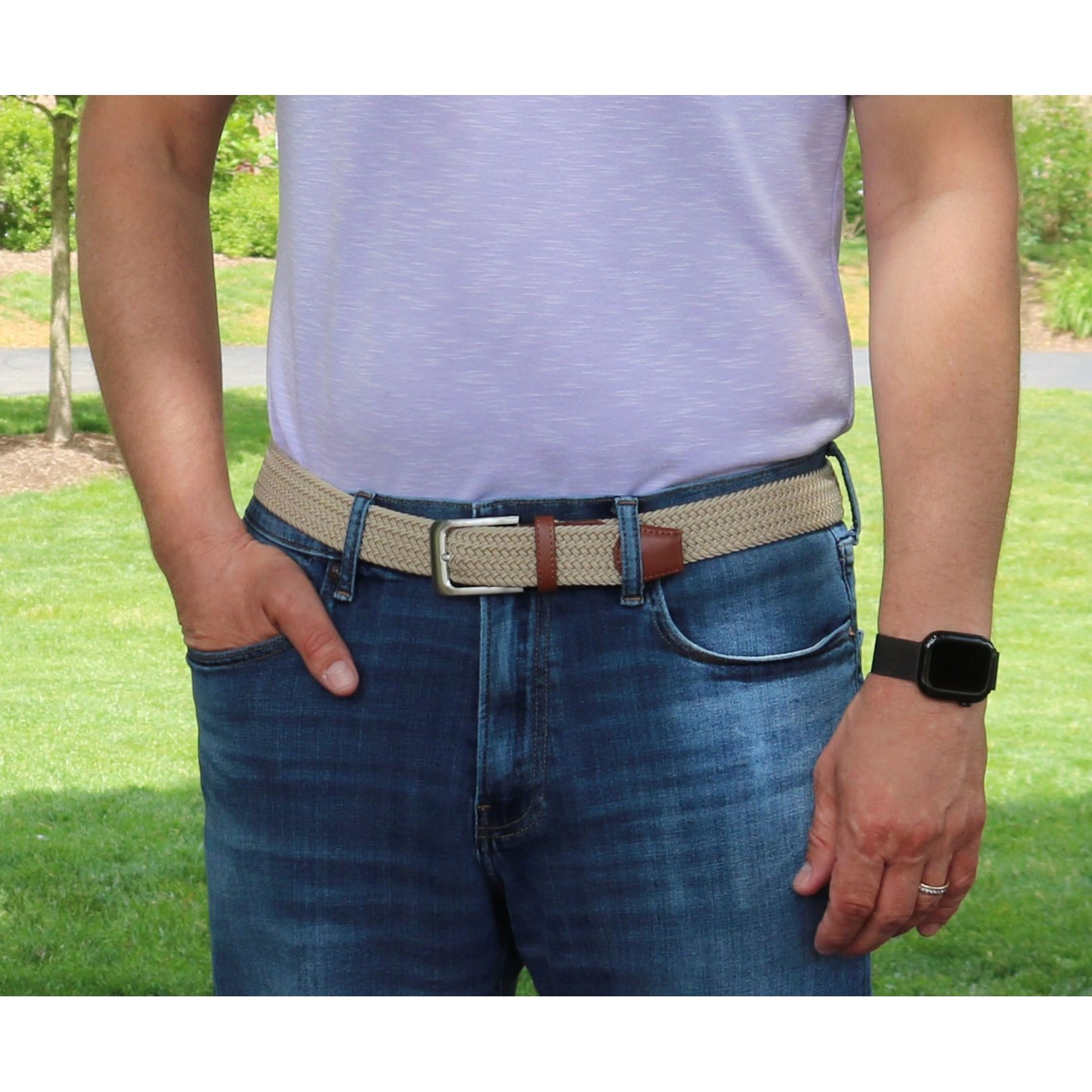 CTM Men's Elastic Braided Stretch Belt with Silver Buckle and Tan Tabs