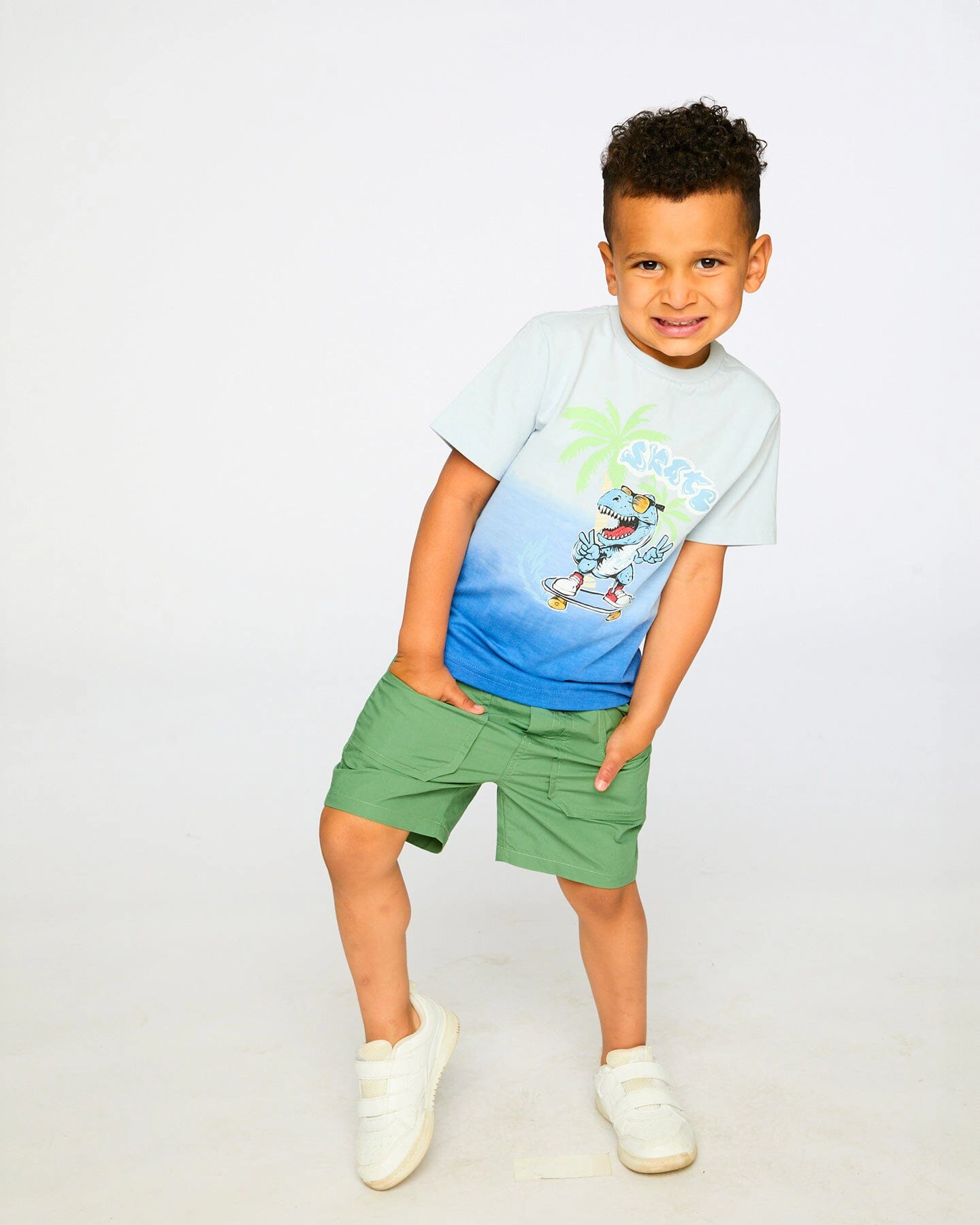 Deux par Deux Boys Organic Cotton Jersey Gradient T-Rex Skate Graphic Print T-Shirt