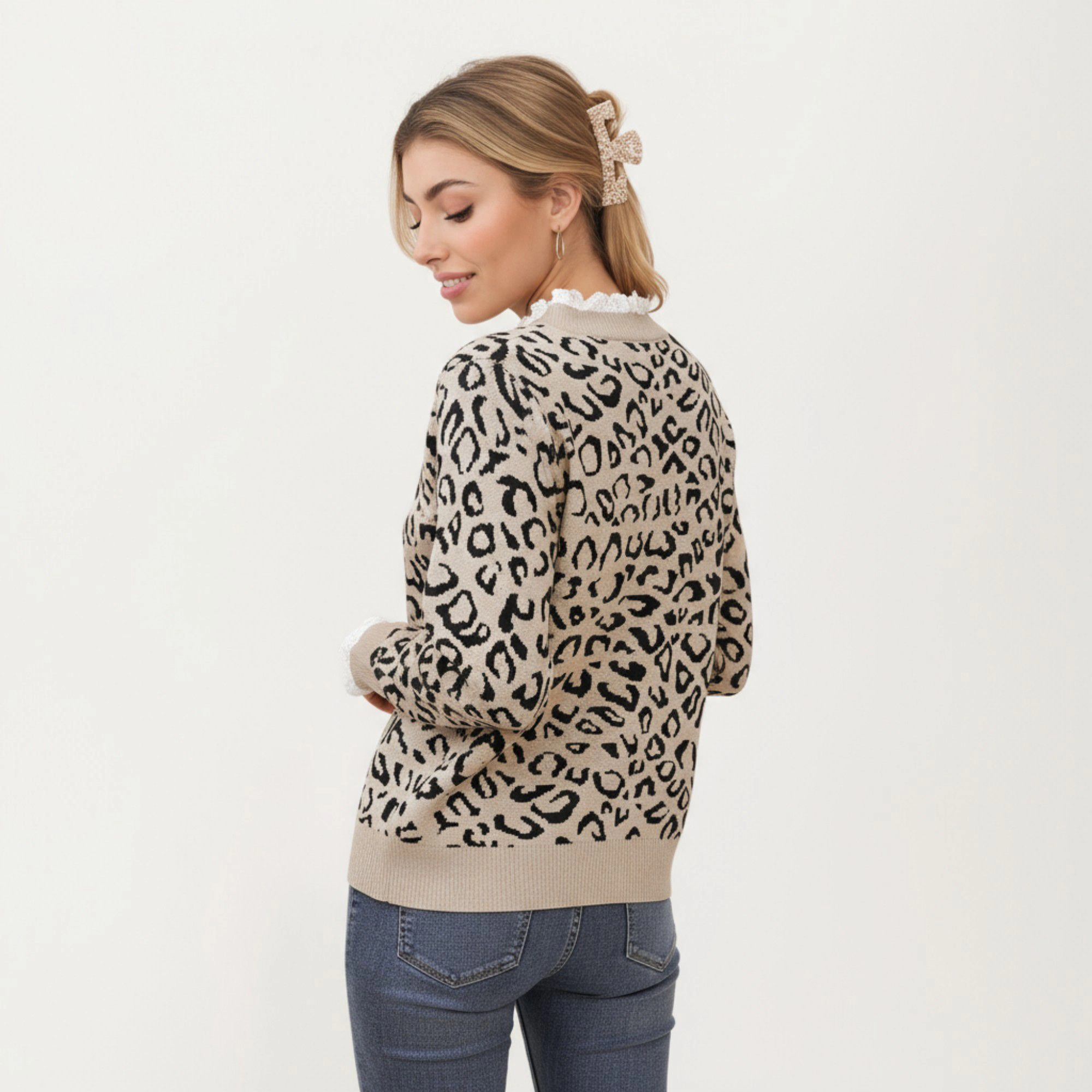 Anna-Kaci Women's Leopard Print Knit Sweater with Ribbed Trim Crew Neckline