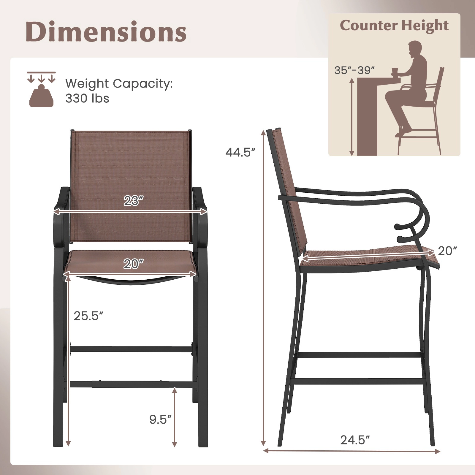 SUGIFT Breathable Mesh Outdoor Counter Height Bar Stools Set of 4 Bar Seating 330-lb Capacity 25.5-in Seat Height Brown