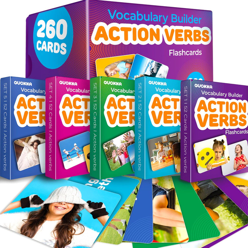 QUOKKA Vocabulary & Sight Words Flash Cards for Kids Beginners – Action Verbs, Matching Early Learning Set