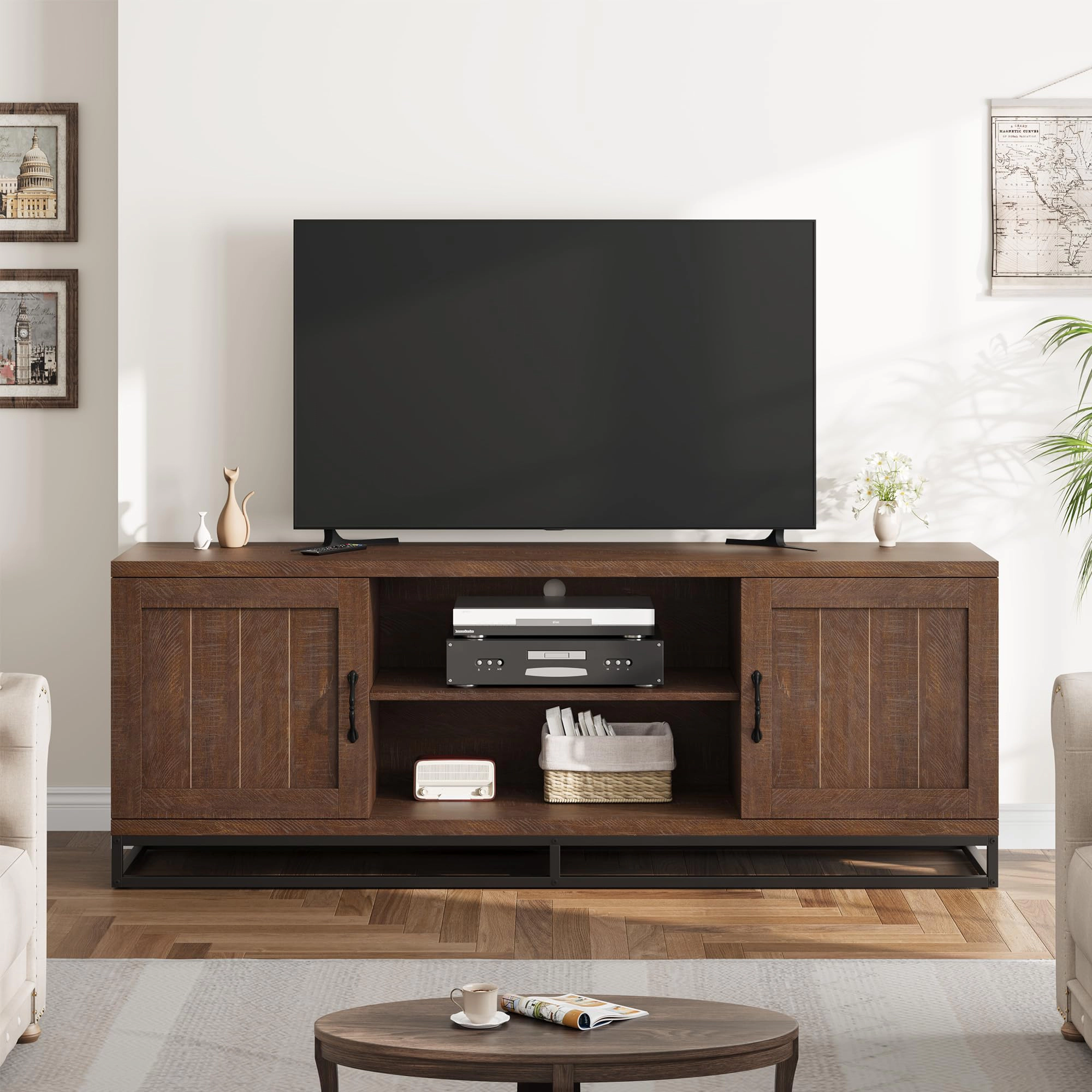 BebreezChic Farmhouse TV Stand for 75inch, Grey Entertainment Center with Sturdy Metal Leg & Adjustable Shelves