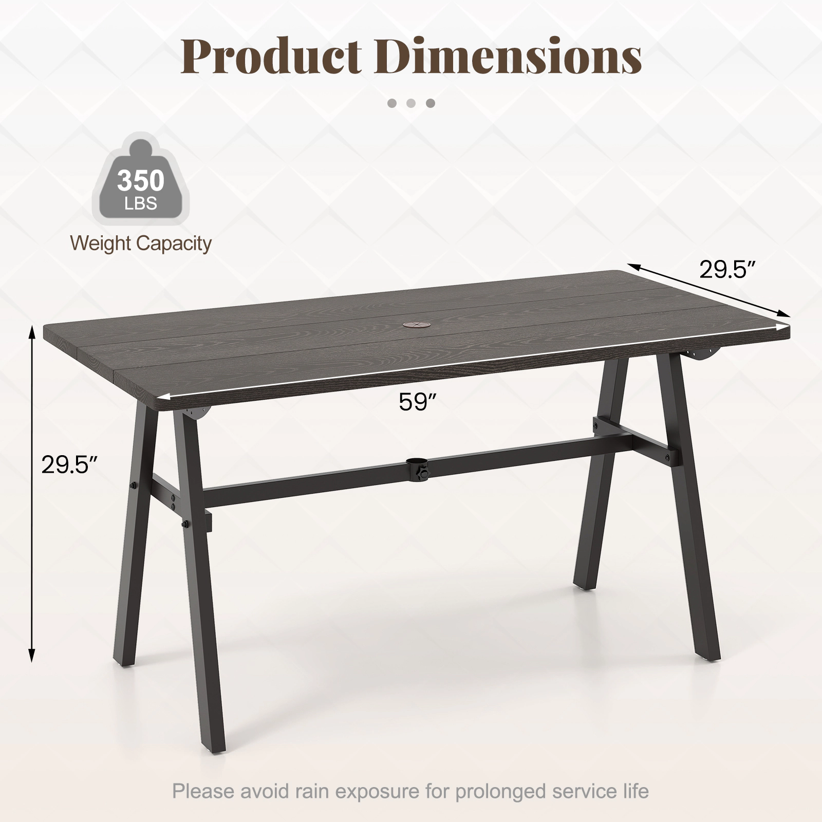 SUGIFT Outdoor Dining Table for 6 with 59-in Top 1.93-in Umbrella Hole 350-lb Capacity 53-lb Net Weight Dark Brown