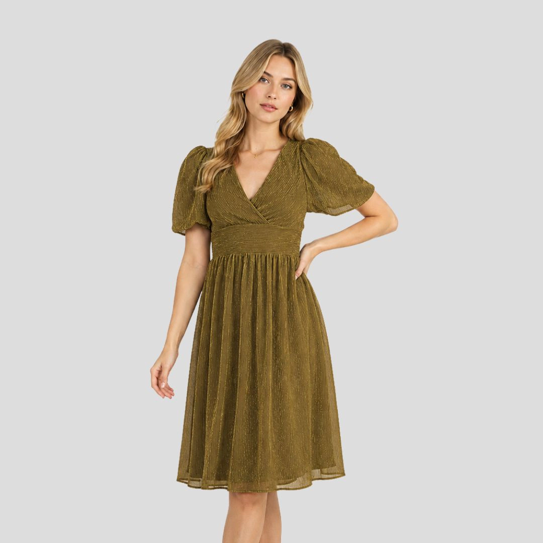 Artyska Women’s Shimmer V-Neck Puff Sleeve Midi Dress