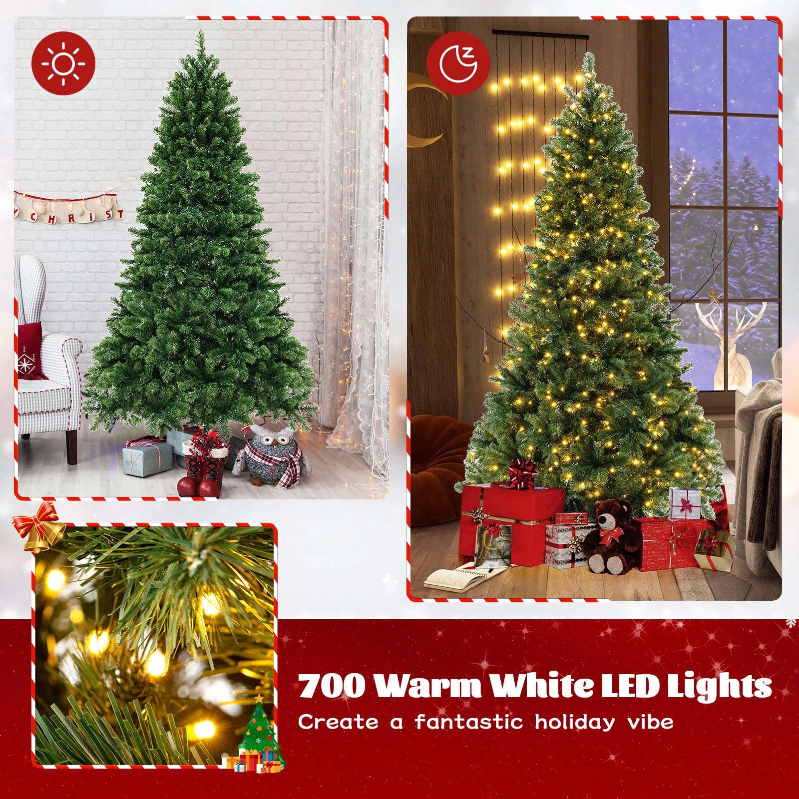 SUGIFT Hinged 7-Foot Green Artificial Christmas Tree PVC Branch Tips 700 Warm White LED Lights 3-Section Metal Stand