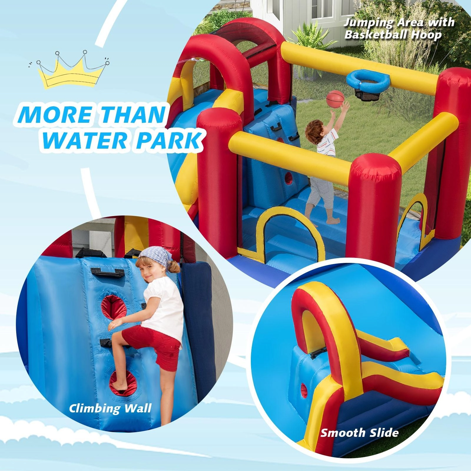 SUGIFT Dual Slides Surfing Run-Out and 680W Blower 7-in-1 Kids Inflatable Bounce House