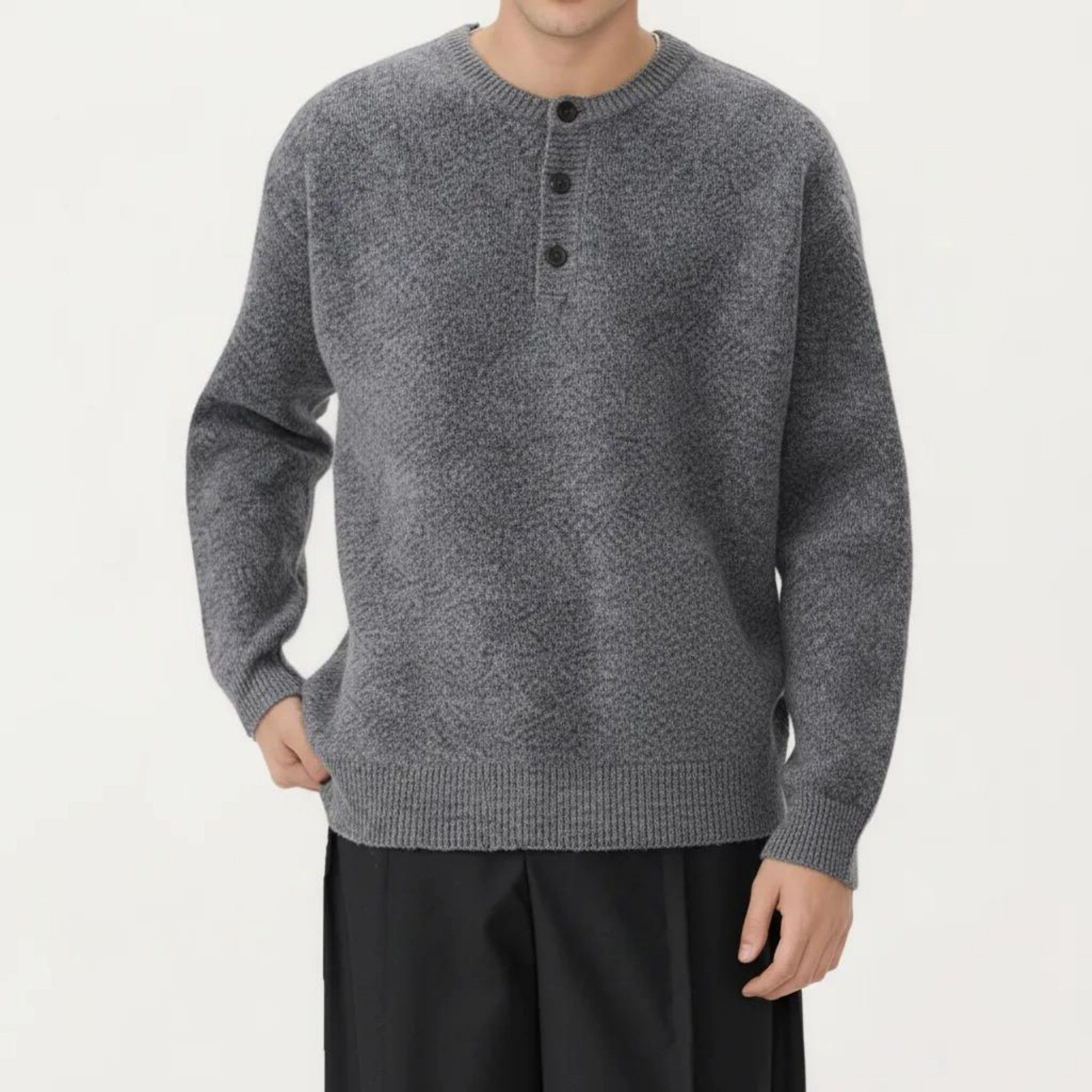 Anna-Kaci Men's Long Sleeve Knit Henley Sweater with Ribbed Trim