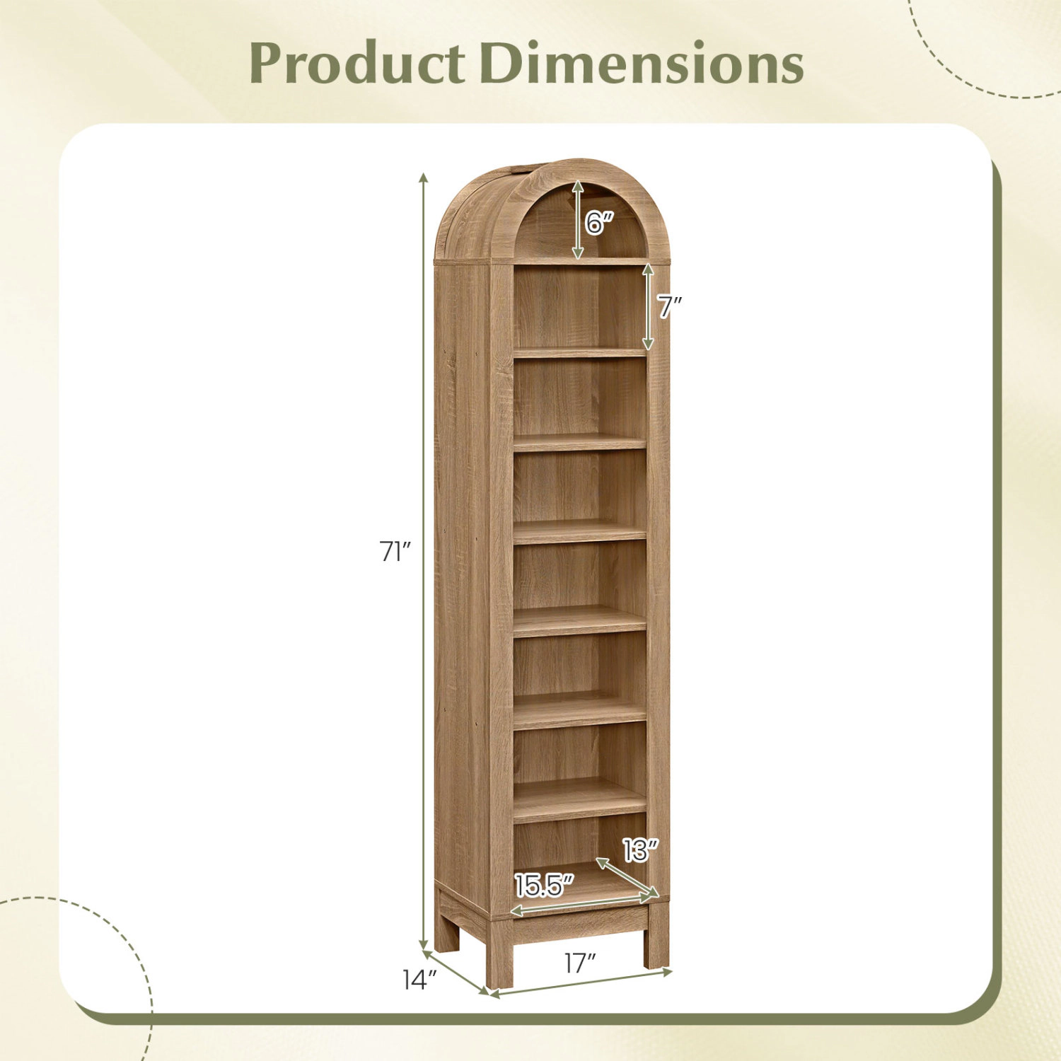 LJG 8-Tier Modern Arch Bookshelf with 3 Adjustable Shelves