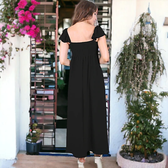 Anna-Kaci Women's Flutter Sleeve Shirred Smocked Bodice Maxi Dress with Front Slits