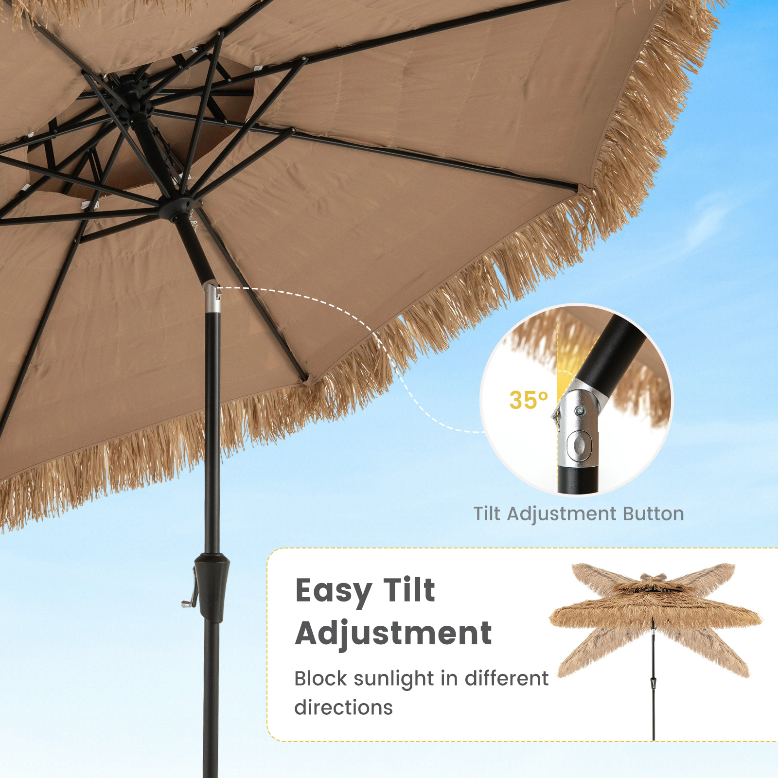 SUGIFT 9-Foot Thatched Tiki Patio Umbrella with 8 Ribs Push-Button Tilt Natural