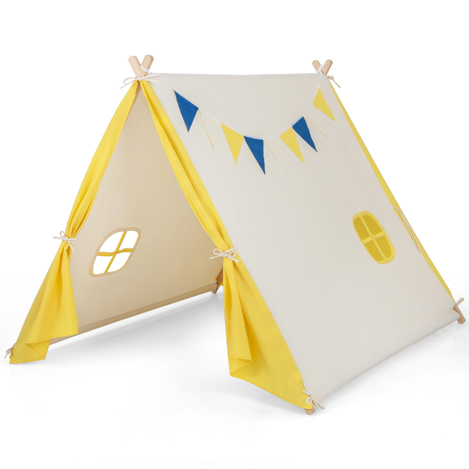SUGIFT Kids Yellow and Beige Play Tent with Solid Pine Wood Frame 57-in W 54-in D 48-in H for 2 Children