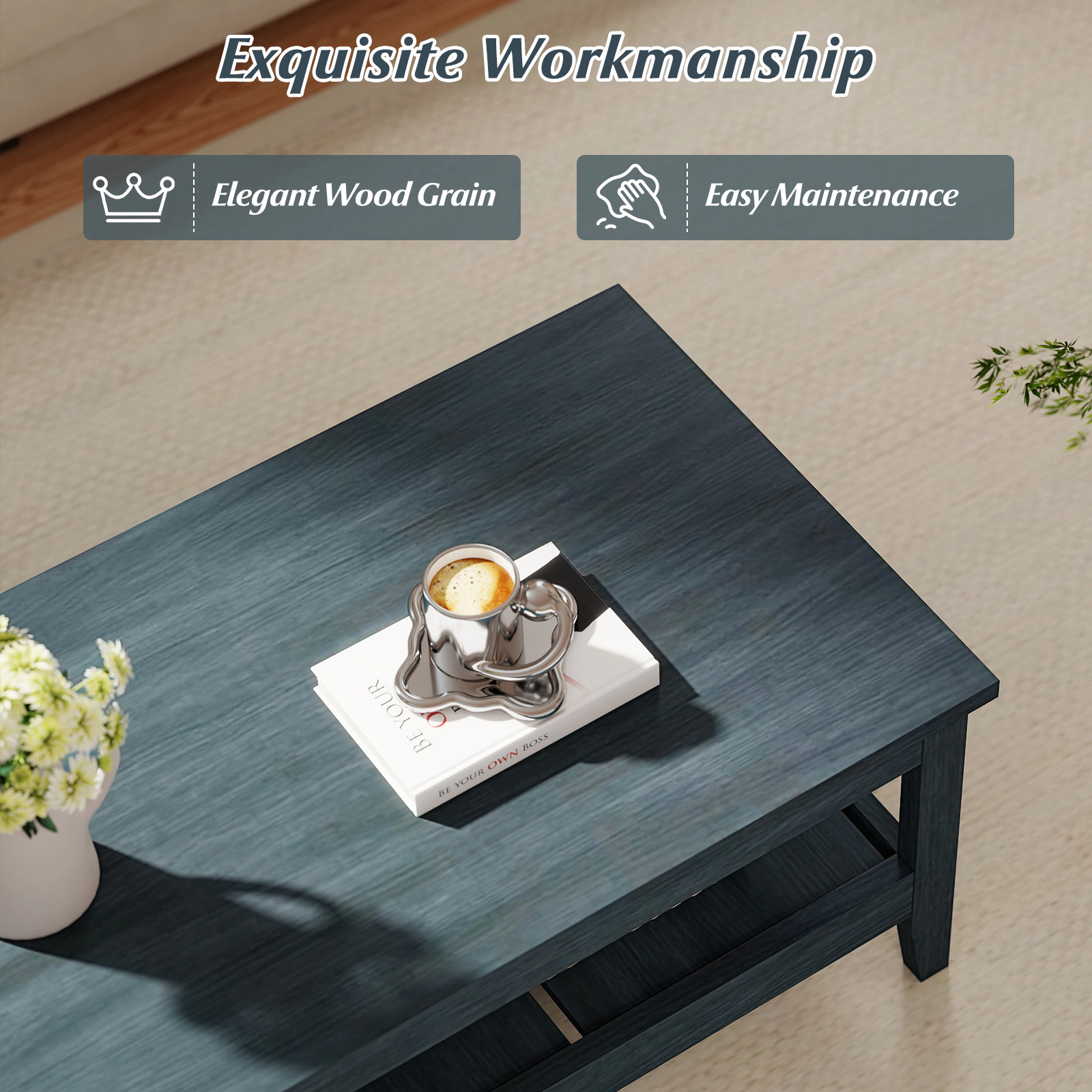 Glintex Farmhouse 47-Inch Coffee Table with Thickened Top and Lower Shelf