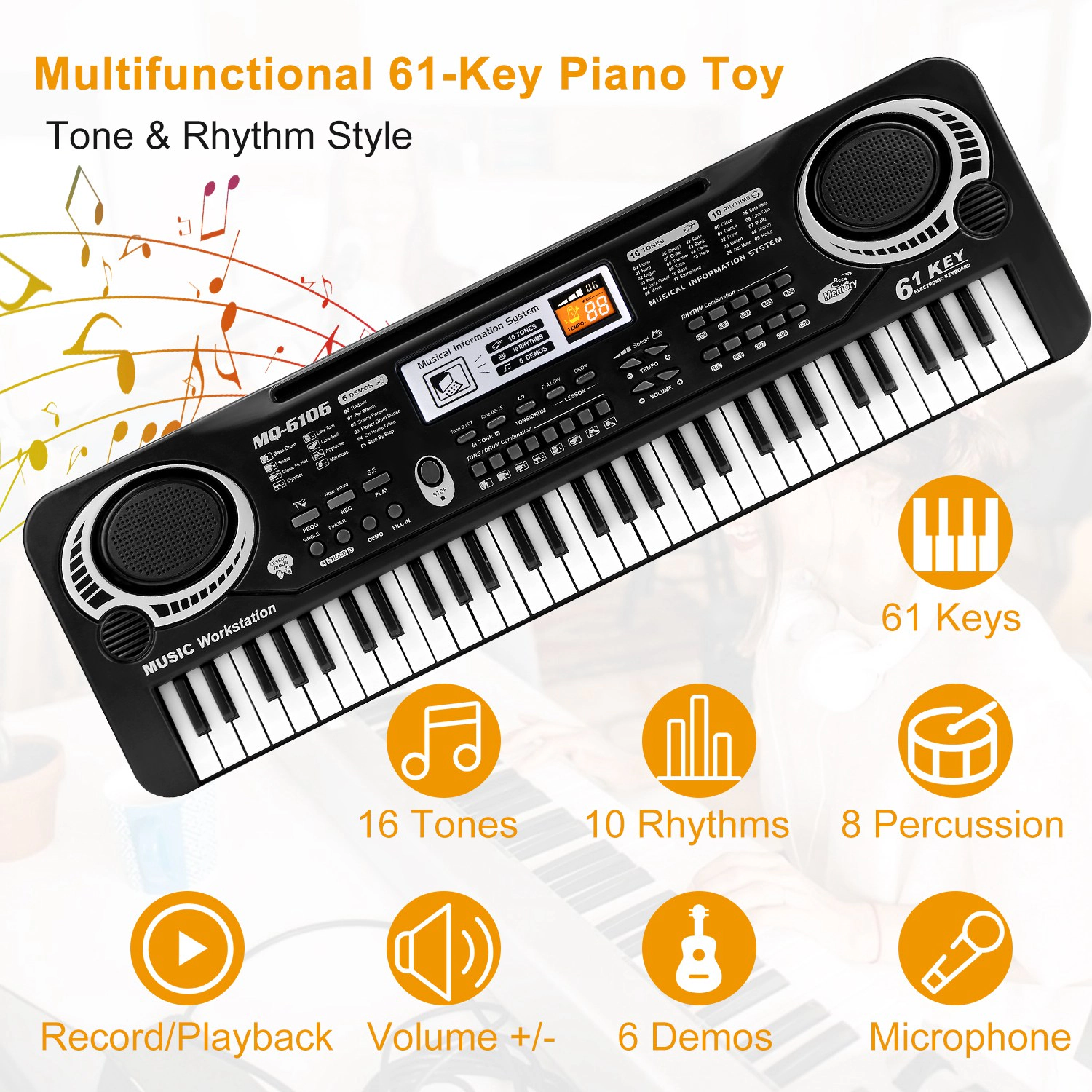 GBruno 61-Key Electronic Keyboard With Microphone