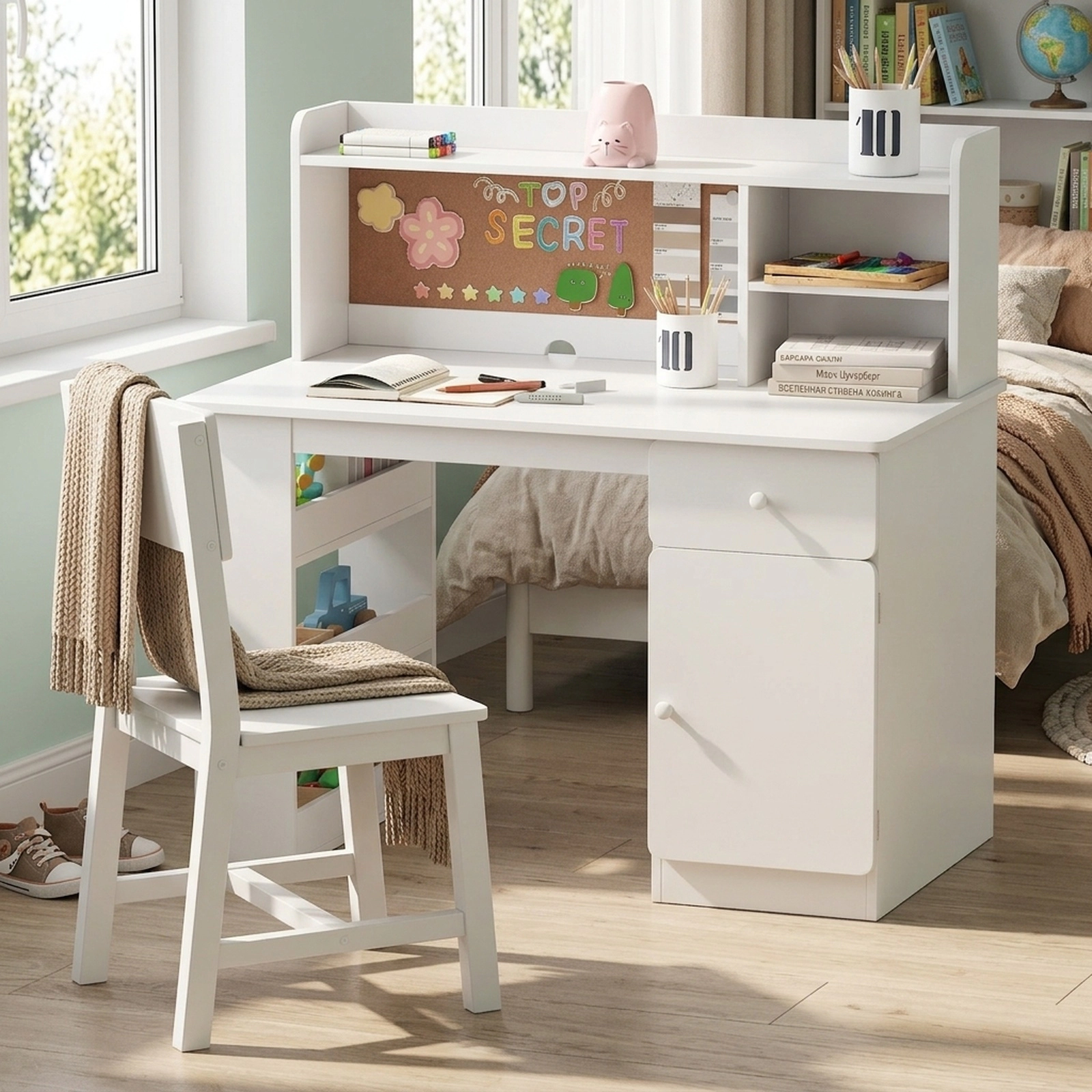 Kids Desk and Chair Set with Hutch 3-Layer Side Shelf Drawer and Enclosed Cabinet Cork Board Student Study Desk White