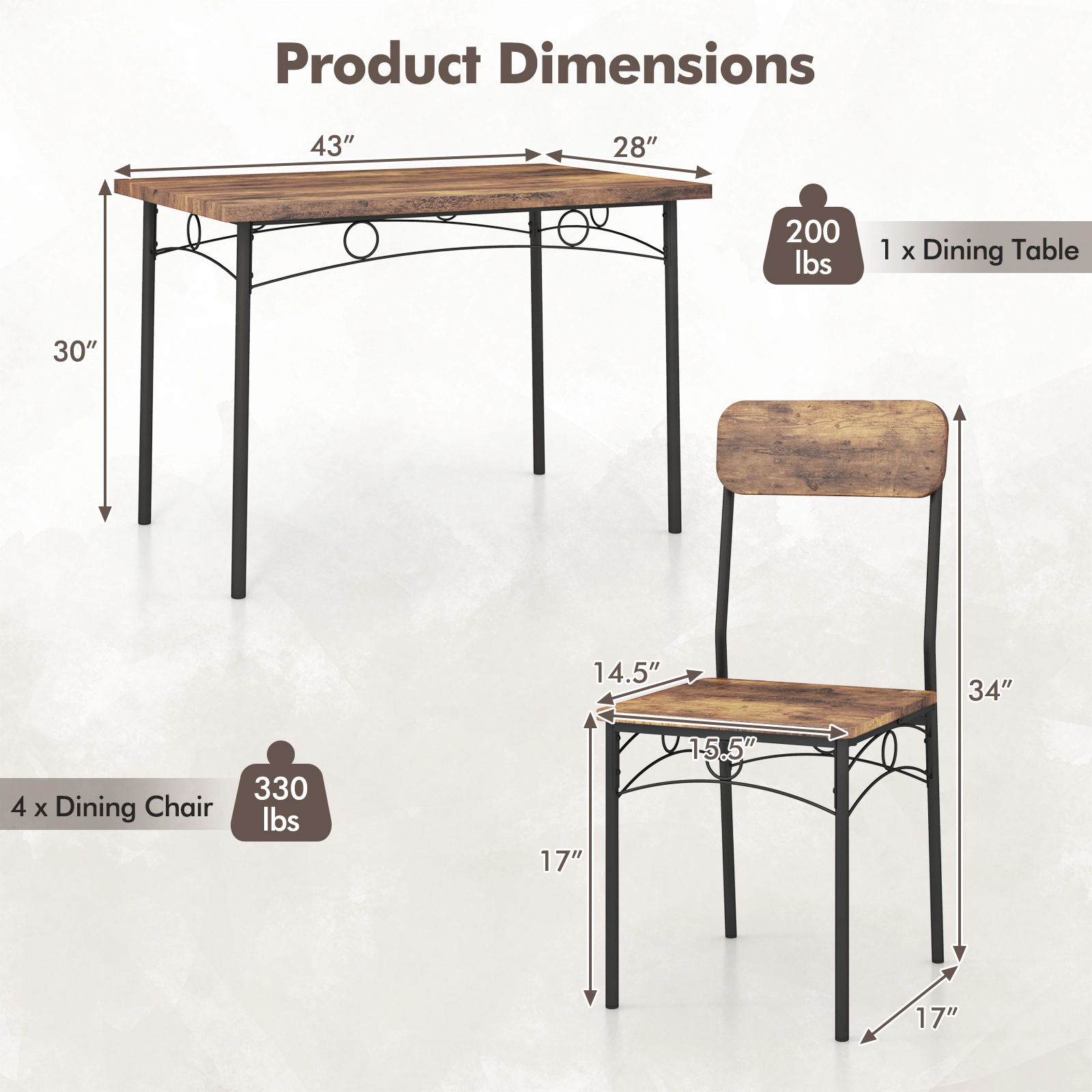SUGIFT 5-Piece Industrial Dining Table Set for 4 with 43 x 28 x 30 in Table 200-lb Capacity 330-lb Chairs Coffee+Black