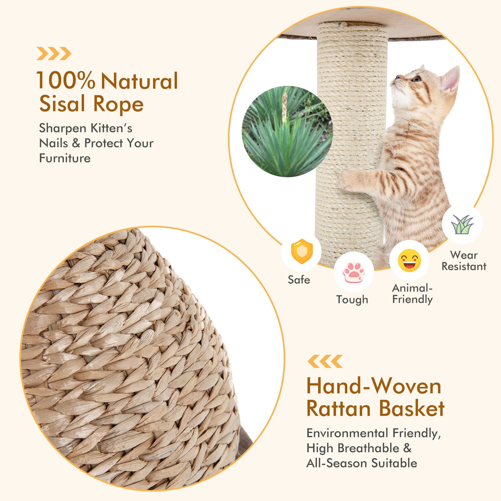 Glintex 28-Inch Hand-Woven Water Hyacinth Cat Tree with Sisal Post and Perch