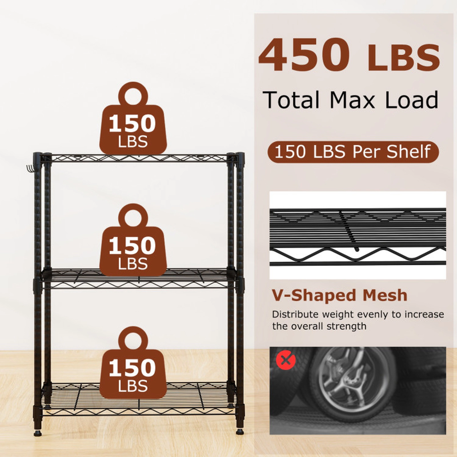 SUGIFT Set of 2 3-Tier V-Shaped Wire Rack Metal Storage Shelving 23.5-in x 13.5-in x 31-in 450-lb Capacity Black
