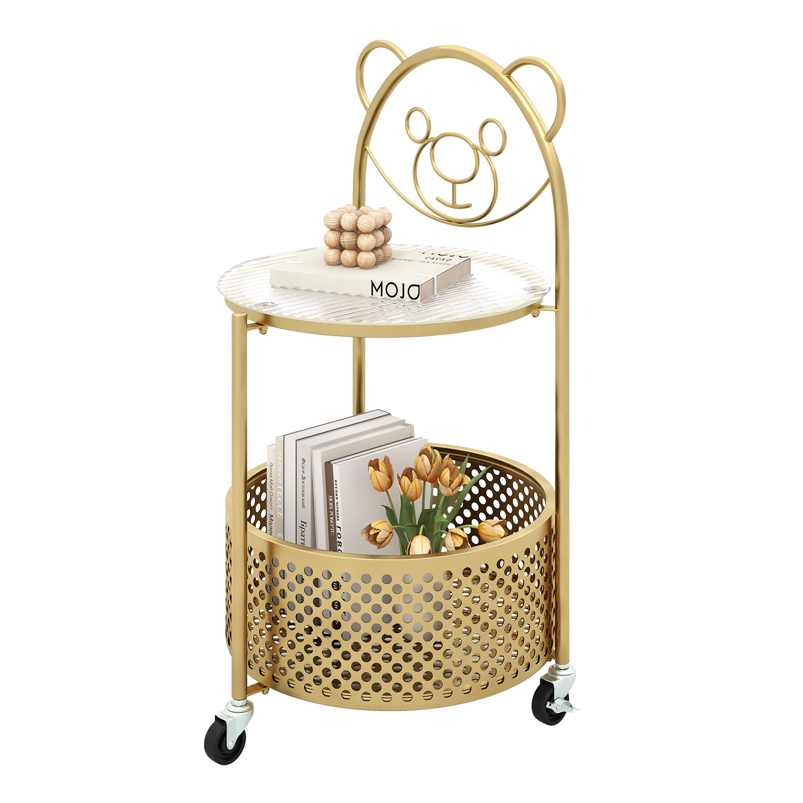 SUGIFT Glass Top and Basket Modern Sofa Side Table on Lockable Wheels