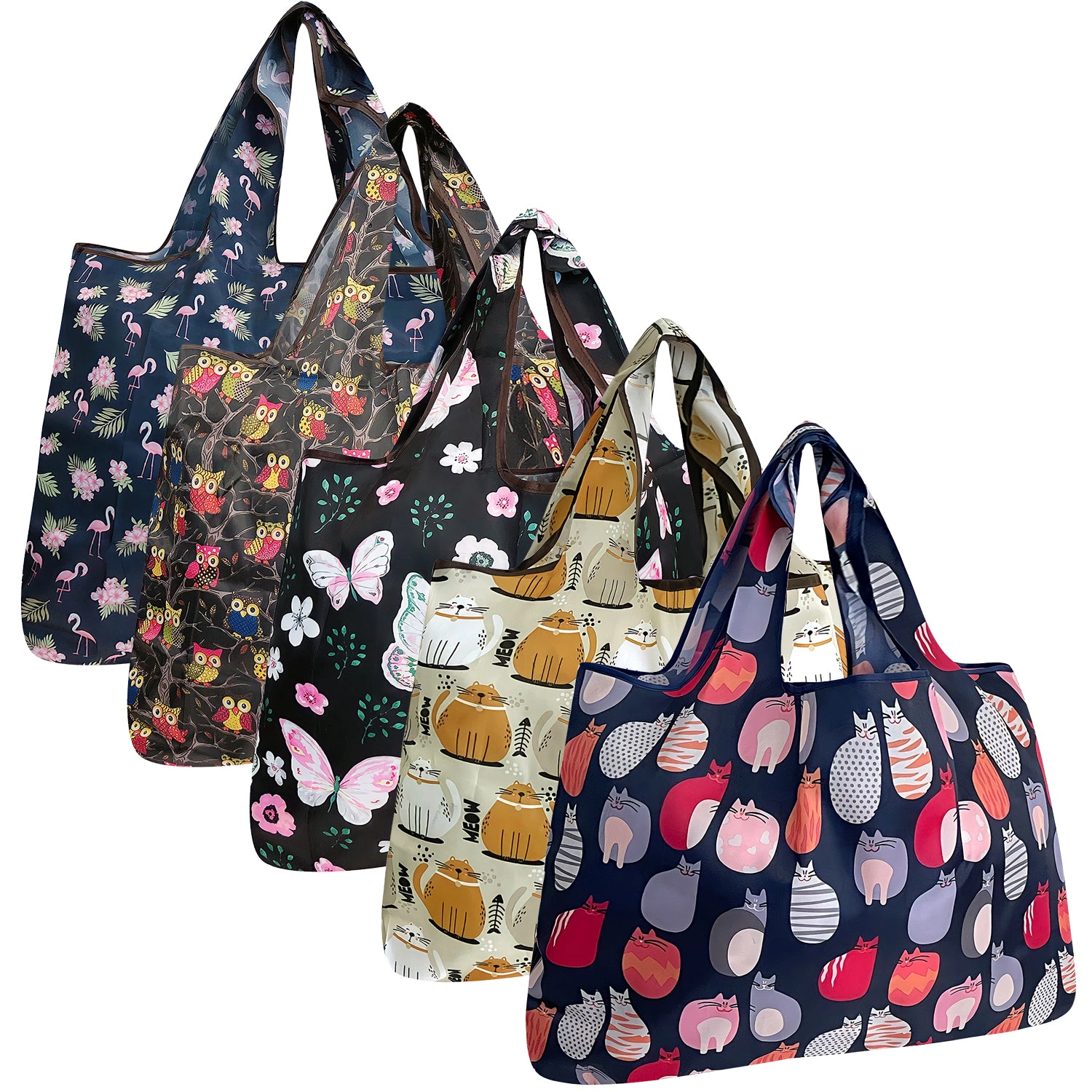 Wrapables Large Nylon Reusable Shopping Bags for Groceries (5 Pack), Cats, Owls, Pink Animals