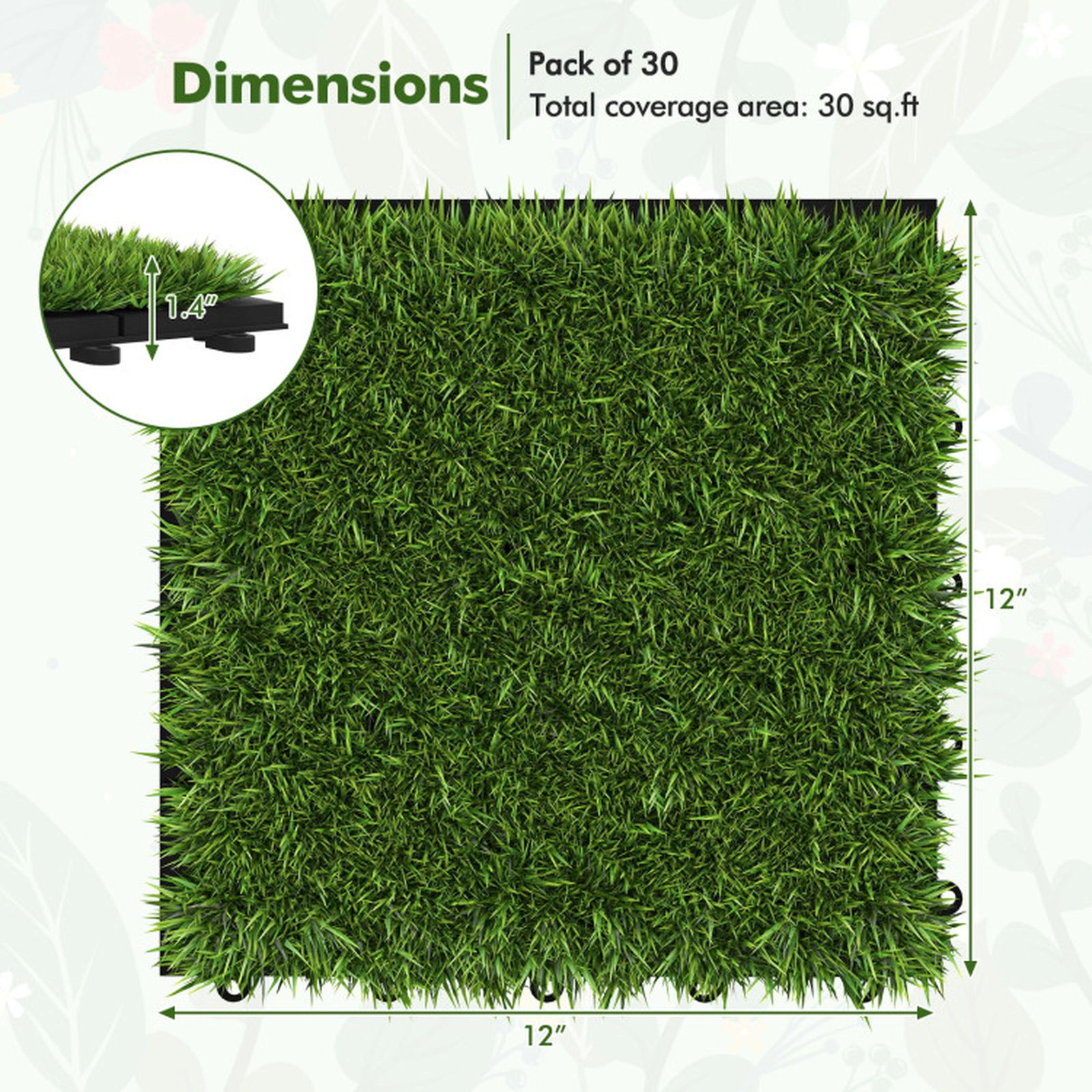 SUGIFT 30-Piece 12-in x 12-in Interlocking Artificial Grass Deck Tiles with 0.8-in Pile and Drainage Holes