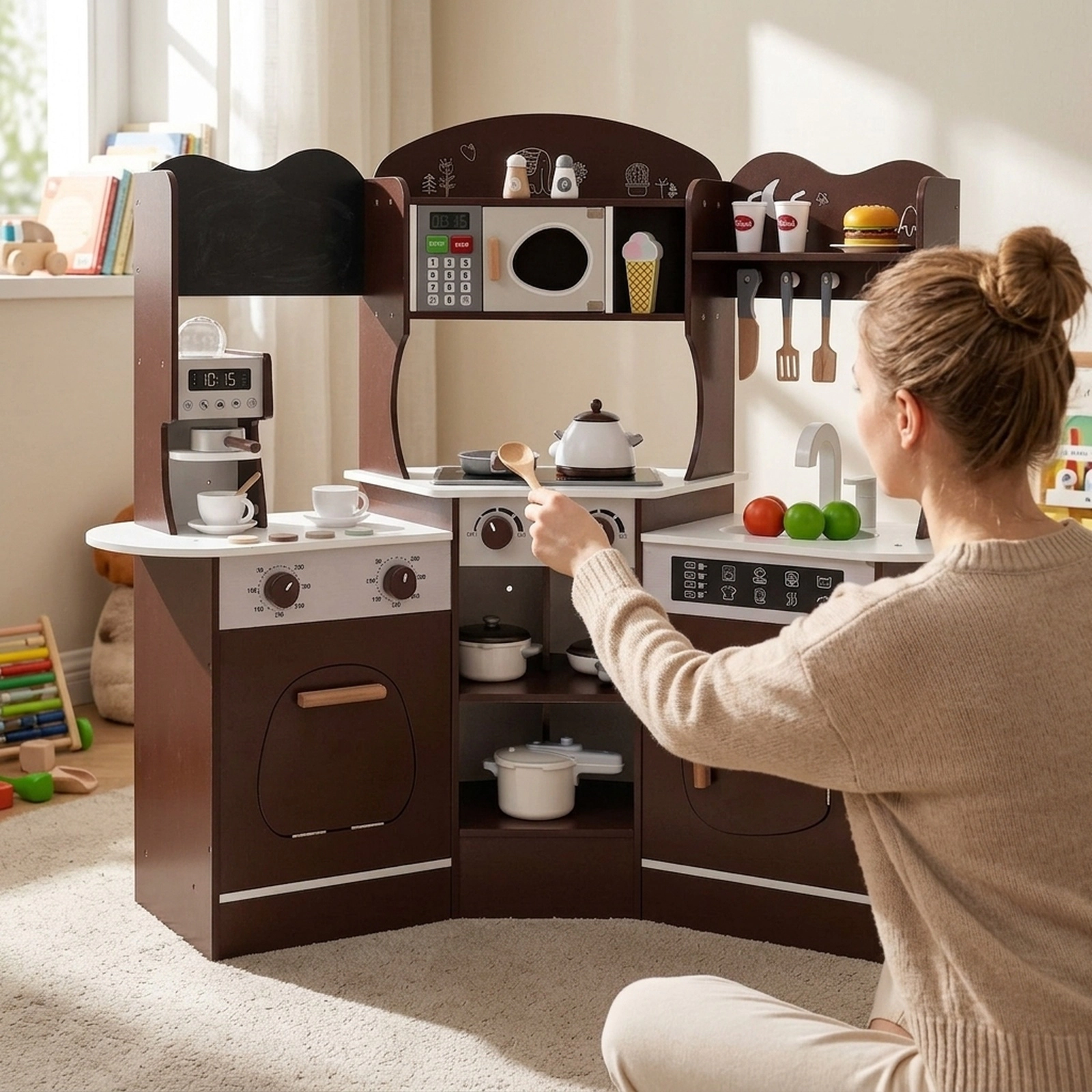 Corner Wooden Play Kitchen Toy Coffee Machine Slide Light Up Microwave Washing Machine 41-in x 12-in x 37-in Brown