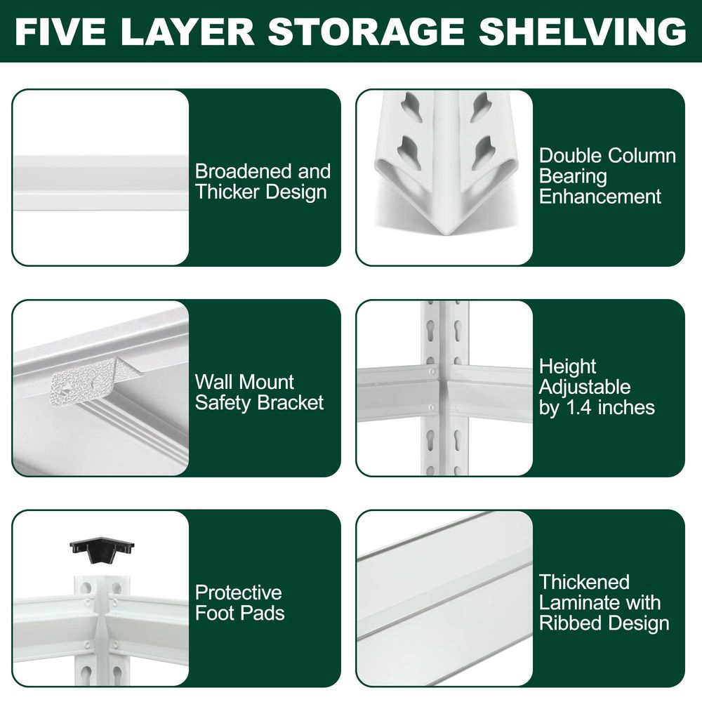 Flynama 5-Tier Freestanding Household Shelving, Heavy Duty Steel, Adjustable, White (31.5"W x 63"H x 15.7"D)