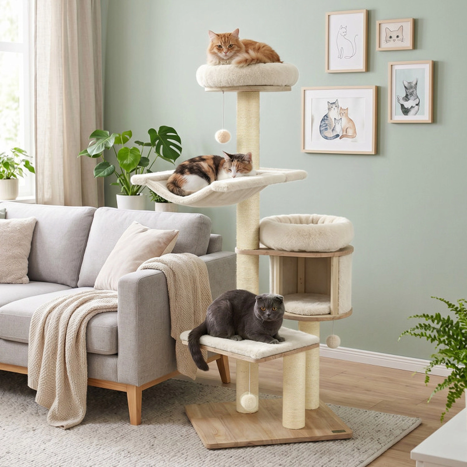 SUGIFT Beige Rubber Wood Cat Tree with Condo Hammock and Plush Beds 26-in W 19-in D 55-in H 33-lb Per Tier